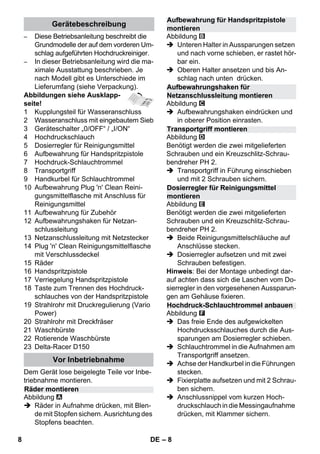 – 8 
– Diese Betriebsanleitung beschreibt die 
Grundmodelle der auf dem vorderen Um-schlag 
aufgeführten Hochdruckreiniger. 
– In dieser Betriebsanleitung wird die ma-ximale 
Ausstattung beschrieben. Je 
nach Modell gibt es Unterschiede im 
Lieferumfang (siehe Verpackung). 
Abbildungen siehe Ausklapp-seite! 
1 Kupplungsteil für Wasseranschluss 
2 Wasseranschluss mit eingebautem Sieb 
3 Geräteschalter „0/OFF“ / „I/ON“ 
4 Hochdruckschlauch 
5 Dosierregler für Reinigungsmittel 
6 Aufbewahrung für Handspritzpistole 
7 Hochdruck-Schlauchtrommel 
8 Transportgriff 
9 Handkurbel für Schlauchtrommel 
10 Aufbewahrung Plug 'n' Clean Reini-gungsmittelflasche 
mit Anschluss für 
Reinigungsmittel 
11 Aufbewahrung für Zubehör 
12 Aufbewahrungshaken für Netzan-schlussleitung 
13 Netzanschlussleitung mit Netzstecker 
14 Plug 'n' Clean Reinigungsmittelflasche 
mit Verschlussdeckel 
15 Räder 
16 Handspritzpistole 
17 Verriegelung Handspritzpistole 
18 Taste zum Trennen des Hochdruck-schlauches 
von der Handspritzpistole 
19 Strahlrohr mit Druckregulierung (Vario 
Power) 
20 Strahlrohr mit Dreckfräser 
21 Waschbürste 
22 Rotierende Waschbürste 
23 Delta-Racer D150 
Dem Gerät lose beigelegte Teile vor Inbe-triebnahme 
montieren. 
Abbildung 
 Räder in Aufnahme drücken, mit Blen-de 
mit Stopfen sichern. Ausrichtung des 
Stopfens beachten. 
Abbildung 
 Unteren Halter in Aussparungen setzen 
und nach vorne schieben, er rastet hör-bar 
ein. 
 Oberen Halter ansetzen und bis An-schlag 
nach unten drücken. 
Abbildung 
 Aufbewahrungshaken eindrücken und 
in oberer Position einrasten. 
Abbildung 
Benötigt werden die zwei mitgelieferten 
Schrauben und ein Kreuzschlitz-Schrau-bendreher 
PH 2. 
 Transportgriff in Führung einschieben 
und mit 2 Schrauben sichern. 
Abbildung 
Benötigt werden die zwei mitgelieferten 
Schrauben und ein Kreuzschlitz-Schrau-bendreher 
PH 2. 
 Beide Reinigungsmittelschläuche auf 
Anschlüsse stecken. 
 Dosierregler aufsetzen und mit zwei 
Schrauben befestigen. 
Hinweis: Bei der Montage unbedingt dar-auf 
achten dass sich die Laschen vom Do-sierregler 
in den vorgesehenen Aussparun-gen 
am Gehäuse fixieren. 
Abbildung 
 Das freie Ende des aufgewickelten 
Hochdrucksschlauches durch die Aus-sparungen 
am Dosierregler schieben. 
 Schlauchtrommel in die Aufnahmen am 
Transportgriff ansetzen. 
 Achse der Handkurbel in die Führungen 
stecken. 
 Fixierplatte aufsetzen und mit 2 Schrau-ben 
sichern. 
 Anschlussnippel vom kurzen Hoch-druckschlauch 
in die Messingaufnahme 
drücken, mit Klammer sichern. 
Gerätebeschreibung 
Vor Inbetriebnahme 
Räder montieren 
Aufbewahrung für Handspritzpistole 
montieren 
Aufbewahrungshaken für 
Netzanschlussleitung montieren 
Transportgriff montieren 
Dosierregler für Reinigungsmittel 
montieren 
Hochdruck-Schlauchtrommel anbauen 
8 DE 
 