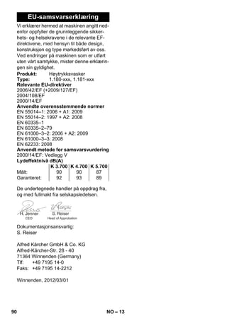 – 13 
EU-samsvarserklæring 
Vi erklærer hermed at maskinen angitt ned-enfor 
oppfyller de grunnleggende sikker-hets- 
og helsekravene i de relevante EF-direktivene, 
med hensyn til både design, 
konstruksjon og type markedsført av oss. 
Ved endringer på maskinen som er utført 
uten vårt samtykke, mister denne erklærin-gen 
sin gyldighet. 
Produkt: Høytrykksvasker 
Type: 1.180-xxx, 1.181-xxx 
Relevante EU-direktiver 
2006/42/EF (+2009/127/EF) 
2004/108/EF 
2000/14/EF 
Anvendte overensstemmende normer 
EN 55014–1: 2006 + A1: 2009 
EN 55014–2: 1997 + A2: 2008 
EN 60335–1 
EN 60335–2–79 
EN 61000–3–2: 2006 + A2: 2009 
EN 61000–3–3: 2008 
EN 62233: 2008 
Anvendt metode for samsvarsvurdering 
2000/14/EF: Vedlegg V 
Lydeffektnivå dB(A) 
K 3.700 K 4.700 K 5.700 
Målt: 90 90 87 
Garanteret: 92 93 89 
De undertegnede handler på oppdrag fra, 
og med fullmakt fra selskapsledelsen. 
CEO Head of Approbation 
Dokumentasjonsansvarlig: 
S. Reiser 
Alfred Kärcher GmbH  Co. KG 
Alfred-Kärcher-Str. 28 - 40 
71364 Winnenden (Germany) 
Tlf: +49 7195 14-0 
Faks: +49 7195 14-2212 
Winnenden, 2012/03/01 
90 NO 
 