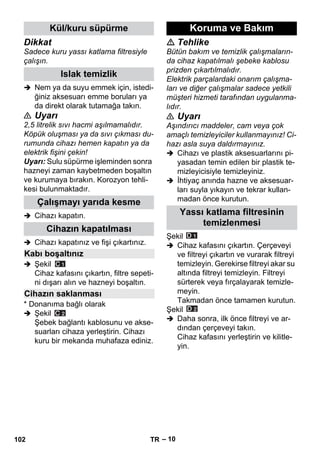 – 10 
Dikkat 
Sadece kuru yassı katlama filtresiyle 
çalışın. 
 Nem ya da suyu emmek için, istedi-ğiniz 
aksesuarı emme boruları ya 
da direkt olarak tutamağa takın. 
 Uyarı 
2,5 litrelik sıvı hacmi aşılmamalıdır. 
Köpük oluşması ya da sıvı çıkması du-rumunda 
cihazı hemen kapatın ya da 
elektrik fişini çekin! 
Uyarı: Sulu süpürme işleminden sonra 
hazneyi zaman kaybetmeden boşaltın 
ve kurumaya bırakın. Korozyon tehli-kesi 
bulunmaktadır. 
 Cihazı kapatın. 
 Cihazı kapatınız ve fişi çıkartınız. 
 Şekil 
Cihaz kafasını çıkartın, filtre sepeti-ni 
dışarı alın ve hazneyi boşaltın. 
* Donanıma bağlı olarak 
 Şekil 
Şebek bağlantı kablosunu ve akse-suarları 
cihaza yerleştirin. Cihazı 
kuru bir mekanda muhafaza ediniz. 
 Tehlike 
Bütün bakım ve temizlik çalışmaların-da 
cihaz kapatılmalı şebeke kablosu 
prizden çıkartılmalıdır. 
Elektrik parçalardaki onarım çalışma-ları 
ve diğer çalışmalar sadece yetkili 
müşteri hizmeti tarafından uygulanma-lıdır. 
 Uyarı 
Aşındırıcı maddeler, cam veya çok 
amaçlı temizleyiciler kullanmayınız! Ci-hazı 
asla suya daldırmayınız. 
 Cihazı ve plastik aksesuarlarını pi-yasadan 
temin edilen bir plastik te-mizleyicisiyle 
temizleyiniz. 
 İhtiyaç anında hazne ve aksesuar-ları 
suyla yıkayın ve tekrar kullan-madan 
önce kurutun. 
Şekil 
 Cihaz kafasını çıkartın. Çerçeveyi 
ve filtreyi çıkartın ve vurarak filtreyi 
temizleyin. Gerekirse filtreyi akar su 
altında filtreyi temizleyin. Filtreyi 
sürterek veya fırçalayarak temizle-meyin. 
Takmadan önce tamamen kurutun. 
Şekil 
 Daha sonra, ilk önce filtreyi ve ar-dından 
çerçeveyi takın. 
Cihaz kafasını yerleştirin ve kilitle-yin. 
Kül/kuru süpürme 
Islak temizlik 
Çalışmayı yarıda kesme 
Cihazın kapatılması 
Kabı boşaltınız 
Cihazın saklanması 
Koruma ve Bakım 
Yassı katlama filtresinin 
temizlenmesi 
102 TR 
 