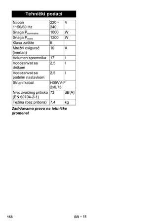 – 11 
Tehnički podaci 
Napon 
1~50/60 Hz 
220 - 
240 
V 
Snaga Pnominalna 1000 W 
Snaga Pmaks 1200 W 
Klasa zaštite II 
Mrežni osigurač 
10 A 
(inertan) 
Volumen spremnika 17 l 
Vodozahvat sa 
drškom 
2,5 l 
Vodozahvat sa 
podnim nastavkom 
2,5 l 
Strujni kabal H05VV-F 
2x0,75 
Nivo zvučnog pritiska 
(EN 60704-2-1) 
73 dB(A) 
Težina (bez pribora) 7,4 kg 
Zadržavamo pravo na tehničke 
promene! 
158 SR 
 