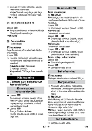 – 9 
 Suruge imivoolik liitmikku. Voolik 
fikseerub asendisse. 
Väljavõtmiseks vajutage pöidlaga 
riivile ja tõmmake imivoolik välja. 
*AD 3.200 
Joonis 
 Torgake mõlemad imitorud kokku ja 
ühendage imivoolikuga. 
*AD 3.200 
Ettevaatust 
Ärge kasutage põrandaotsakut tuha 
imemiseks. 
Joonis 
 Kõvade pindade ja vaipkatete pu-hastamiseks 
kasutage sobivaid si-sendeid. 
Kõvad pinnad: Kasutage 
2 harjaga sisendit. 
Vaipkatted: Töötage ilma sisendi-ta. 
 Töötage alati paigaldatud 
lamevoltfitlriga. 
 Joonis 
Eemaldage seadme pea ja võtke 
filtrikorv välja. Enne kasutuselevõt-tu 
paigaldage seadmele lahtiselt 
juuresolevad osad. 
 Joonis 
Pange filtrikorv kohale. 
Pange seadme pea peale ja lukus-tage 
see. 
Tuha imemiseks: 
 Hoiatus 
Kontrollige, kas seade on pärast vii-mast 
puhastuskorda tühjendatud ja pu-hastatud. 
Joonis 
 Ühendage tarvikud (ainult voolik). 
Kuivimuks: 
* olenevalt varustusest 
Joonis - 
 Ühendage tarvikud (voolik, torud, 
põrandaotsak koos sisendiga). 
Märgimuks: 
* olenevalt varustusest 
Joonis - 
 Ühendage tarvikud (voolik, torud, 
põrandaotsak ilma sisendita). 
Tuha-, märg- ja kuivimuks: 
Joonis 
 Ühendadage võrgupistik. 
Joonis 
 Lülitage seade sisse. 
Ettevaatust 
Töötage ainult kuiva madalvoltfiltriga! 
 Niiskuse või vedeliku masinasse 
imemiseks ühendage vajalikud tar-vikud 
imitorudele või otse käepide-mele. 
 Hoiatus 
Vedelikukogust 2,5 l ei tohi ületada. 
Vahu tekkimise või vedeliku lekkimise 
korral lülitage masin kohe välja või 
tõmmake välja toitepistik! 
Märkus: Pärast märgimu tuleb mahuti 
kohe tühjendada ja kuivada lasta. Eira-mise 
korral korrosioonioht. 
 Lülitage seade välja. 
Imemistorud 2 x 0,5 m 
Põrandadüüs 
(sisendiga) 
Käsitsemine 
Enne seadme 
kasutuselevõttu 
Kasutuselevõtt 
Tuha-/kuivimu 
Märgimemine 
Töö katkestamine 
ET 171 
 