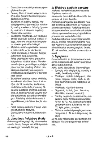 – 7 
– Draudžiama naudoti prietaisą spro-gioje 
aplinkoje. 
– Pelenų filtras ir sauso valymo siur-blys 
nėra tinkami kenksmingų me-džiagų 
atskyrimui. 
– Siurbkite tik leistinų degiųjų me-džiagų 
pelenus (pavyzdžiui, natūra-lių 
malkų, medienos briketų / granu-lių, 
rudosios ir akmens anglies). 
– Nesiurbkite suodžių. 
– Siurbiama medžiaga, kuri iš išorės 
atrodo atvėsusi, gali būti įkaitusi vi-duje. 
Nuo oro srovės karštos pele-nų 
dalelės gali vėl užsidegti. 
– Metaliniu daiktu sujudinkite pelenus 
ir patikrinkite, ar jie dar karšti. 
– Prieš siurbdami iš krosnių, būtinai 
įsitikinkite, kad jos atvėsę. 
– Prieš pradėdami valyti, palaukite, 
kol pelenai visiškai atvės. Nereko-menduojame 
gesinti liepsną staigiai 
pilant ant jos vandenį. Židinio me-džiagos 
nepritaikytos staigiems 
temperatūros pokyčiams ir gali atsi-rasti 
trūkių. 
– Siurbdami pelenus nuolat tikrinkite, 
ar nekaista siurbimo žarna ir siur-blys. 
Jei tik pastebite, kad kaista, 
nedelsdami išjunkite prietaisą. Iš-traukite 
prietaiso elektros laido kiš-tuką. 
Iš pelenų ir sauso valymo siur-blio 
pašalinkite susiurbtas medžia-gas. 
Prietaisą atvėsinkite lauke ir 
nepalikite be priežiūros, kol jis vės-ta. 
– Prieš pelenų siurbimą ir po jo visiš-kai 
ištuštinkite talpyklą. 
– Draudžiama naudoti dulkių maiše-lius. 
 Jungimas į elektros tinklą 
Prietaisą galima jungti tik į kintamosios 
srovės tinklą. Įtampa turi atitikti prietai-so 
skydelyje nurodytą įtampą. 
 Elektros smūgio pavojus 
Niekada nelieskite kištuko ir rozetės 
šlapiomis rankomis. 
Netraukite tinklo kištuko iš rozetės lai-kydami 
už tinklo kabelio. 
Kiekvieną kartą prieš pradėdami nau-doti 
prietaisą patikrinkite, ar nepažeis-tas 
elektros laidas. Pažeistą elektros 
laidą nedelsdami pakeiskite oficialioje 
klientų aptarnavimo tarnyboje/elektros 
prietaisų remonto dirbtuvėse. 
Kad išvengtumėte nelaimingų atsitiki-mų 
su elektra, rekomenduojame nau-doti 
rozetes su jau įmontuotu apsaugi-niu 
laikinosios srovės jungikliu (maks. 
30 mA vardinis pradinis srovės stipru-mas). 
 Įspėjimas 
Susimaišiusios su įtraukiamu oru tam 
tikros medžiagos gali sudaryti sprogius 
garus arba mišinius. 
Jokiu būdu nesiurbkite šių medžiagų: 
– Sprogių arba degių dujų, skysčių ir 
dulkių (reaktyvių dulkių) 
– Reaktyvių metalo dulkių (pvz., aliu-minio, 
magnio, cinko) kartu su sti-priai 
šarminiais arba rūgštiniais va-likliais 
– Neskiestų rūgščių ir šarmų 
– Organinių tirpiklių (pvz., benzino, 
skiediklio, acetono, mazuto). 
– Karštų, degančių ar rusenančių me-džiagų, 
kurių temperatūra aukštes-nė 
nei 40 °C. Kai siurbiamų medžia-gų 
temperatūra aukštesnė nei 40 
°C, kyla gaisro pavojus. 
– Netinka sveikatai pavojingoms me-džiagoms 
(L, M, H dulkių klasių) at-skirti. 
Be to, šios medžiagos gali pažeisti me-džiagas, 
iš kurių pagamintas prietai-sas. 
182 LT 
 