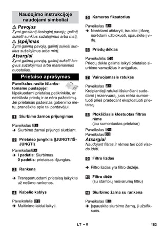 – 8 
 Pavojus 
Žymi gresiantį tiesioginį pavojų, galintį 
sukelti sunkius sužalojimus arba mirtį. 
 Įspėjimas 
Žymi galimą pavojų, galintį sukelti sun-kius 
sužalojimus arba mirtį. 
Atsargiai 
Žymi galimą pavojų, galintį sukelti len-gvus 
sužalojimus arba materialinius 
nuostolius. 
Paveikslus rasite išlanks-tomame 
puslapyje! 
Išpakuodami prietaisą patikrinkite, ar 
netrūksta priedų ir ar nėra pažeidimų. 
Jei prietaisas pažeistas gabenimo me-tu, 
praneškite apie tai pardavėjui. 
Paveikslas 
 Siurbimo žarnai prijungti siurbiant. 
Paveikslas 
 I padėtis: Siurbimas 
0 padėtis: prietaisas išjungtas. 
 Transportuodami prietaisą laikykite 
už nešimo rankenos. 
Paveikslėlis 
 Maitinimo laidui laikyti. 
Paveikslas 
 Norėdami atidaryti, traukite į išorę, 
norėdami užblokuoti, spauskite į vi-dų. 
Paveikslėlis 
Priedų dėkle galima laikyti prietaiso si-urbimo 
vamzdžius ir antgalius. 
Paveikslas 
Kreipiantieji ratukai išsiunčiant sude-dami 
į rezervuarą, juos reikia sumon-tuoti 
prieš pradedant eksploatuoti prie-taisą. 
Paveikslas 
Paveikslas 
Atsargiai 
Naudojant filtras ir rėmas turi būti visa-da 
įdėti. 
 Filtro lizdas yra filtro dėžėje. 
Paveikslas 
 Įspauskite siurbimo žarną, ji užsifik-suos. 
Naudojimo instrukcijoje 
naudojami simboliai 
Prietaiso aprašymas 
Siurbimo žarnos prijungimas 
Prietaiso jungiklis (ĮJUNGTI/IŠ- 
JUNGTI) 
Rankena 
Kabelio kablys 
Kameros fiksatorius 
Priedų dėklas 
Vairuojamasis ratukas 
Plokščiasis klostuotas filtras 
rėme 
(jau sumontuotas prietaise) 
Filtro lizdas 
Filtro dėžė 
(su stambių nešvarumų filtru) 
Siurbimo žarna su rankena 
LT 183 
 