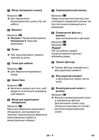 – 9 
Малюнок 
 Для підключення 
всмоктувального шлангу під час 
роботи. 
Малюнок 
 Позиція I: Режим всмоктування 
Положення 0: Пристрій 
вимкнений. 
 При транспортуванні тримати 
пристрій за ручку 
Малюнок 
 Для зберігання мережевого 
шнуру. 
Малюнок 
 Витягнути назовні для того, щоб 
відкрити та натиснути всередину, 
щоб закрити. 
Малюнок 
Місце для зберігання додаткового 
обладнання, розташоване на 
пристрої, призначено для зберігання 
всмоктувальних трубок та 
всмоктувальних насадок. 
Малюнок 
Перед початком експлуатації слід 
встановити направляючі ролики, які 
при постачанні розміщуються в 
резервуарі. 
Малюнок 
Малюнок 
Увага! 
Під час роботи завжди 
використовувати фільтр і 
відповідну рамку. 
 Тримач фільтру знаходиться у 
фільтруючому елементі. 
Малюнок 
 Втиснути всмоктувальний шланг 
в з'єднання до фіксації. 
Для витягання шлангу слід 
натиснути пальцями на стопор і 
витягнути всмоктувальний 
шланг. 
Місце під'єднання шлангу 
Вимикач 
Ручка 
Гачки для кабелю 
Замок бака 
Місце для додаткового 
обладнання 
Спрямовувальний валець 
Складчастий фільтр з 
рамкою 
(вже встановлений в пристрій) 
Тримач фільтру 
Фільтруючий елемент 
(з фільтром для грубих часток 
грязі) 
Всмоктувальний шланг з 
ручкою 
UK 191 
 