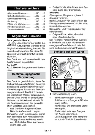 – 5 
Sehr geehrter Kunde, 
Lesen Sie vor der ersten Be-nutzung 
Ihres Gerätes diese 
Originalbetriebsanleitung, handeln Sie 
danach und bewahren Sie diese für 
späteren Gebrauch oder für Nachbe-sitzer 
auf. 
Das Gerät wird in 2 unterschiedlichen 
Ausführungen ausgeliefert. 
AD 3.000 
AD 3.200 inkl. Saugrohre und Boden-düse. 
Das Gerät ist gemäß der in dieser Be-triebsanleitung 
aufgeführten Beschrei-bungen 
und Sicherheitshinweise zur 
Verwendung als Asche- und Trocken-sauger 
bestimmt. Zusätzlich besteht 
die Möglichkeit Wasser aufzusaugen. 
Dieses Gerät wurde für den privaten 
Gebrauch entwickelt und ist nicht für 
die Beanspruchungen des gewerbli-chen 
Einsatzes vorgesehen. 
– Das Gerät vor Regen schützen. 
Nicht im Außenbereich lagern. 
Der Asche- und Trockensauger eignet 
sich besonders zum Aufsaugen von: 
– Sauggut/kalter Asche aus Kami-nen, 
Holz-Kohle Öfen, Aschenbe-chern 
oder Grill. 
– Grobschmutz aller Art wie zum Bei-spiel 
Sand oder Steinschutt. 
Hinweis: 
Einsaugbare Menge kann je nach 
Sauggut variieren. 
Beim Aufsaugen von Wasser darf das 
Flüssigkeitsvolumen von 2,5 Liter nicht 
überschritten werden. 
Den Asche- und Trockensauger nur 
benutzen mit: 
– Original-Ersatzteilen, -Zubehör 
oder -Sonderzubehör. 
Der Hersteller haftet nicht für eventuel-le 
Schäden, die durch nicht bestim-mungsgemäßen 
Gebrauch oder fal-sche 
Bedienung verursacht werden. 
 Betriebsanleitung lesen. 
Inhaltsverzeichnis 
Allgemeine Hinweise . . . . . . . . DE . . .5 
Sicherheitshinweise . . . . . . . . . DE . . .6 
Gerätebeschreibung. . . . . . . . . DE . . .8 
Bedienung . . . . . . . . . . . . . . . . DE . . .9 
Pflege und Wartung . . . . . . . . . DE . .10 
Hilfe bei Störungen. . . . . . . . . . DE . .10 
Technische Daten. . . . . . . . . . . DE . . 11 
Allgemeine Hinweise 
Bestimmungsgemäße 
Verwendung 
Symbole auf dem Gerät 
1 Beim Aschesaugen ständig 
Schläuche und Sauger auf Erwär-mung 
prüfen. 
Keinen Ruß und brennbare Stoffe 
einsaugen. 
Bodendüse nicht zum Saugen 
von Asche verwenden. 
Das Sauggut darf eine Tempera-tur 
von 40 °C nicht überschreiten. 
DE 5 
 