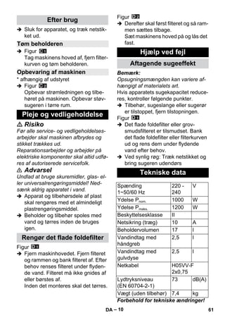 – 10 
 Sluk for apparatet, og træk netstik-ket 
ud. 
 Figur 
Tag maskinens hoved af, fjern filter-kurven 
og tøm beholderen. 
* afhængig af udstyret 
 Figur 
Opbevar strømledningen og tilbe-høret 
på maskinen. Opbevar støv-sugeren 
i tørre rum. 
 Risiko 
Før alle service- og vedligeholdelses-arbejder 
skal maskinen afbrydes og 
stikket trækkes ud. 
Reparationsarbejder og arbejder på 
elektriske komponenter skal altid udfø-res 
af autoriserede servicefolk. 
 Advarsel 
Undlad at bruge skuremidler, glas- el-ler 
universalrengøringsmiddel! Ned-sænk 
aldrig apparatet i vand. 
 Apparat og tilbehørsdele af plast 
skal rengøres med et almindeligt 
plastrengøringsmiddel. 
 Beholder og tilbehør spoles med 
vand og tørres inden de bruges 
igen. 
Figur 
 Fjern maskinhovedet. Fjern filteret 
og rammen og bank filteret af. Efter 
behov renses filteret under flyden-de 
vand. Filteret må ikke gnides af 
eller børstes af. 
Inden det monteres skal det tørres. 
Figur 
 Derefter skal først filteret og så ram-men 
sættes tilbage. 
Sæt maskinens hoved på og lås det 
fast. 
Bemærk: 
Opsugningsmængden kan variere af-hængigt 
af materialets art. 
Hvis apparatets sugekapacitet reduce-res, 
kontroller følgende punkter. 
 Tilbehør, sugeslange eller sugerør 
er tilstoppet, fjern tilstopningen. 
Figur 
 Det flade foldefilter eller grov-smudsfilteret 
er tilsmudset. Bank 
det flade foldefilter eller filterkurven 
ud og rens dem under flydende 
vand efter behov. 
 Ved synlig røg: Træk netstikket og 
bring sugeren udendørs 
Forbehold for tekniske ændringer! 
Efter brug 
Tøm beholderen 
Opbevaring af maskinen 
Pleje og vedligeholdelse 
Rengør det flade foldefilter 
Hjælp ved fejl 
Aftagende sugeeffekt 
Tekniske data 
Spænding 
1~50/60 Hz 
220 - 
240 
V 
Ydelse Pnom. 1000 W 
Ydelse Pmaks. 1200 W 
Beskyttelsesklasse II 
Netsikring (træg) 10 A 
Beholdervolumen 17 l 
Vandindtag med 
2,5 l 
håndgreb 
Vandindtag med 
gulvdyse 
2,5 l 
Netkabel H05VV-F 
2x0,75 
Lydtryksniveau 
(EN 60704-2-1) 
73 dB(A) 
Vægt (uden tilbehør) 7,4 kg 
DA 61 
 