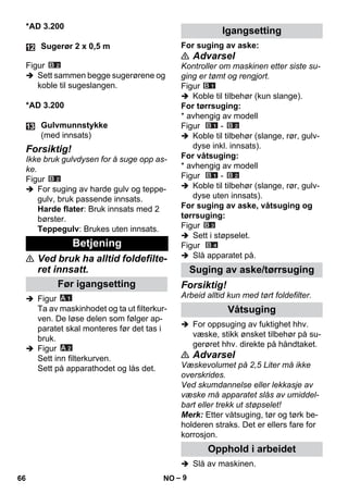 – 9 
*AD 3.200 
Figur 
 Sett sammen begge sugerørene og 
koble til sugeslangen. 
*AD 3.200 
Forsiktig! 
Ikke bruk gulvdysen for å suge opp as-ke. 
Figur 
 For suging av harde gulv og teppe-gulv, 
bruk passende innsats. 
Harde flater: Bruk innsats med 2 
børster. 
Teppegulv: Brukes uten innsats. 
 Ved bruk ha alltid foldefilte-ret 
innsatt. 
 Figur 
Ta av maskinhodet og ta ut filterkur-ven. 
De løse delen som følger ap-paratet 
skal monteres før det tas i 
bruk. 
 Figur 
Sett inn filterkurven. 
Sett på apparathodet og lås det. 
For suging av aske: 
 Advarsel 
Kontroller om maskinen etter siste su-ging 
er tømt og rengjort. 
Figur 
 Koble til tilbehør (kun slange). 
For tørrsuging: 
* avhengig av modell 
Figur - 
 Koble til tilbehør (slange, rør, gulv-dyse 
inkl. innsats). 
For våtsuging: 
* avhengig av modell 
Figur - 
 Koble til tilbehør (slange, rør, gulv-dyse 
uten innsats). 
For suging av aske, våtsuging og 
tørrsuging: 
Figur 
 Sett i støpselet. 
Figur 
 Slå apparatet på. 
Forsiktig! 
Arbeid alltid kun med tørt foldefilter. 
 For oppsuging av fuktighet hhv. 
væske, stikk ønsket tilbehør på su-gerøret 
hhv. direkte på håndtaket. 
 Advarsel 
Væskevolumet på 2,5 Liter må ikke 
overskrides. 
Ved skumdannelse eller lekkasje av 
væske må apparatet slås av umiddel-bart 
eller trekk ut støpselet! 
Merk: Etter våtsuging, tør og tørk be-holderen 
straks. Det er ellers fare for 
korrosjon. 
 Slå av maskinen. 
Sugerør 2 x 0,5 m 
Gulvmunnstykke 
(med innsats) 
Betjening 
Før igangsetting 
Igangsetting 
Suging av aske/tørrsuging 
Våtsuging 
Opphold i arbeidet 
66 NO 
 