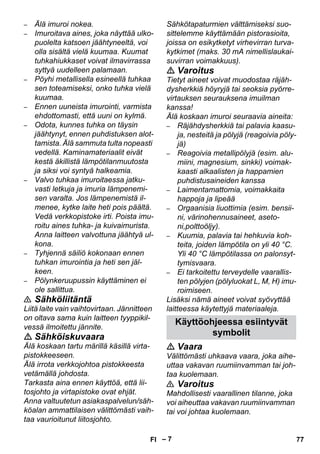 – 7 
– Älä imuroi nokea. 
– Imuroitava aines, joka näyttää ulko-puolelta 
katsoen jäähtyneeltä, voi 
olla sisältä vielä kuumaa. Kuumat 
tuhkahiukkaset voivat ilmavirrassa 
syttyä uudelleen palamaan. 
– Pöyhi metallisella esineellä tuhkaa 
sen toteamiseksi, onko tuhka vielä 
kuumaa. 
– Ennen uuneista imurointi, varmista 
ehdottomasti, että uuni on kylmä. 
– Odota, kunnes tuhka on täysin 
jäähtynyt, ennen puhdistuksen alot-tamista. 
Älä sammuta tulta nopeasti 
vedellä. Kaminamateriaalit eivät 
kestä äkillistä lämpötilanmuutosta 
ja siksi voi syntyä halkeamia. 
– Valvo tuhkaa imuroitaessa jatku-vasti 
letkuja ja imuria lämpenemi-sen 
varalta. Jos lämpenemistä il-menee, 
kytke laite heti pois päältä. 
Vedä verkkopistoke irti. Poista imu-roitu 
aines tuhka- ja kuivaimurista. 
Anna laitteen valvottuna jäähtyä ul-kona. 
– Tyhjennä säiliö kokonaan ennen 
tuhkan imurointia ja heti sen jäl-keen. 
– Pölynkeruupussin käyttäminen ei 
ole sallittua. 
 Sähköliitäntä 
Liitä laite vain vaihtovirtaan. Jännitteen 
on oltava sama kuin laitteen tyyppikil-vessä 
ilmoitettu jännite. 
 Sähköiskuvaara 
Älä koskaan tartu märillä käsillä virta-pistokkeeseen. 
Älä irrota verkkojohtoa pistokkeesta 
vetämällä johdosta. 
Tarkasta aina ennen käyttöä, että lii-tosjohto 
ja virtapistoke ovat ehjät. 
Anna valtuutetun asiakaspalvelun/säh-köalan 
ammattilaisen välittömästi vaih-taa 
vaurioitunut liitosjohto. 
Sähkötapaturmien välttämiseksi suo-sittelemme 
käyttämään pistorasioita, 
joissa on esikytketyt virhevirran turva-kytkimet 
(maks. 30 mA nimellislaukai-suvirran 
voimakkuus). 
 Varoitus 
Tietyt aineet voivat muodostaa räjäh-dysherkkiä 
höyryjä tai seoksia pyörre-virtauksen 
seurauksena imuilman 
kanssa! 
Älä koskaan imuroi seuraavia aineita: 
– Räjähdysherkkiä tai palavia kaasu-ja, 
nesteitä ja pölyjä (reagoivia pöly-jä) 
– Reagoivia metallipölyjä (esim. alu-miini, 
magnesium, sinkki) voimak-kaasti 
alkaalisten ja happamien 
puhdistusaineiden kanssa 
– Laimentamattomia, voimakkaita 
happoja ja lipeää 
– Orgaanisia liuottimia (esim. bensii-ni, 
värinohennusaineet, aseto-ni, 
polttoöljy). 
– Kuumia, palavia tai hehkuvia koh-teita, 
joiden lämpötila on yli 40 °C. 
Yli 40 °C lämpötilassa on palonsyt-tymisvaara. 
– Ei tarkoitettu terveydelle vaarallis-ten 
pölyjen (pölyluokat L, M, H) imu-roimiseen. 
Lisäksi nämä aineet voivat syövyttää 
laitteessa käytettyjä materiaaleja. 
Käyttöohjeessa esiintyvät 
symbolit 
 Vaara 
Välittömästi uhkaava vaara, joka aihe-uttaa 
vakavan ruumiinvamman tai joh-taa 
kuolemaan. 
 Varoitus 
Mahdollisesti vaarallinen tilanne, joka 
voi aiheuttaa vakavan ruumiinvamman 
tai voi johtaa kuolemaan. 
FI 77 
 