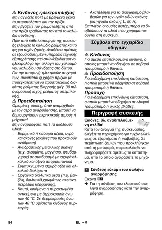 – 8 
 Κίνδυνος ηλεκτροπληξίας 
Μην αγγίζετε ποτέ με βρεγμένα χέρια 
το ρευματολήπτη και την πρίζα. 
Μην βγάζετε τον ρευματολήπτη από 
την πρίζα τραβώντας τον από το καλώ- 
διο σύνδεσης. 
Πριν από κάθε λειτουργία της συσκευ- 
ής ελέγχετε το καλώδιο ρεύματος και το 
φις για τυχόν ζημιές. Αναθέτετε αμέσως 
σε εξουσιοδοτημένη υπηρεσία τεχνικής 
εξυπηρέτησης πελατών/εξειδικευμένο 
ηλεκτρολόγο την αλλαγή του χαλασμέ- 
νου καλωδίου σύνδεσης στο δίκτυο. 
Για την αποφυγή ηλεκτρικών ατυχημά- 
των, συνιστάται η χρήση πριζών με 
προεγκατεστημένο προστατευτικό δια- 
κόπτη ρεύματος διαρροής (μέγ. 30 mA 
ονομαστική ισχύς ρεύματος απεμπλο- 
κής). 
 Προειδοποίηση 
Ορισμένες ουσίες, όταν αναμειχθούν 
με τον αέρα αναρρόφησης, μπορεί να 
δημιουργήσουν εκρηκτικούς ατμούς ή 
μείγματα! 
Μην αναρροφάτε ποτέ τα ακόλουθα 
υλικά: 
– Εκρηκτικά ή καύσιμα αέρια, υγρά 
και σκόνες (σκόνες που προκαλούν 
αντίδραση) 
– Αντιδραστικές μεταλλικές σκόνες 
(π.χ. αλουμίνιο, μαγνήσιο, ψευδάρ- 
γυρος) σε συνδυασμό με ισχυρά αλ- 
καλικά και όξινα απορρυπαντικά 
– Συμπυκνωμένα ισχυρά οξέα και αλ- 
καλικά διαλύματα 
– Οργανικά διαλυτικά μέσα (π.χ. βεν- 
ζίνη, διαλυτικά χρωμάτων, ακετόνη, 
πετρέλαιο θέρμανσης). 
– Καυτά, καιόμενα ή πυρακτωμένα 
αντικείμενα με θερμοκρασία άνω 
των 40 °C. Σε θερμοκρασίες άνω 
των 40 °C υφίσταται κίνδυνος πυρ- 
καγιάς. 
– Ακατάλληλο για το διαχωρισμό βλα- 
βερών για την υγεία ειδών σκόνης 
(κατηγορία σκόνης L, M, H). 
Επιπλέον, οι ουσίες αυτές μπορεί να δι- 
αβρώσουν τα υλικά που χρησιμοποι- 
ούνται στη συσκευή. 
Σύμβολα στο εγχειρίδιο 
οδηγιών 
 Κίνδυνος 
Για άμεσα επαπειλούμενο κίνδυνο, ο 
οποίος μπορεί να οδηγήσει σε σοβαρό 
τραυματισμό ή θάνατο. 
 Προειδοποίηση 
Για ενδεχόμενη επικίνδυνη κατάσταση, 
η οποία μπορεί να οδηγήσει σε σοβαρό 
τραυματισμό ή θάνατο. 
Προσοχή 
Για ενδεχόμενη επικίνδυνη κατάσταση, 
η οποία μπορεί να οδηγήσει σε ελαφρό 
τραυματισμό ή υλικές βλάβες. 
Περιγραφή συσκευής 
Εικόνες, βλ. αναδιπλούμε- 
νη σελίδα! 
Κατά τον άνοιγμα της συσκευασίας, 
ελέγξτε το περιεχόμενο για τυχόν ελλεί- 
ψεις σε εξαρτήματα ή γιαβλάβες. Σε 
περίπτωση ζημιών που προκλήθηκαν 
από τη μεταφορά, παρακαλείσθε να 
πληροφορήσετε αμέσως το κατάστη- 
μα, από το οποίο αγοράσατε το μηχά- 
νημα. 
Σύνδεση εύκαμπτου σωλήνα 
αναρρόφησης 
Εικόνα 
 Για τη σύνδεση του ελαστικού σω- 
λήνα αναρρόφησης κατά την αναρ- 
ρόφηση. 
84 EL 
 