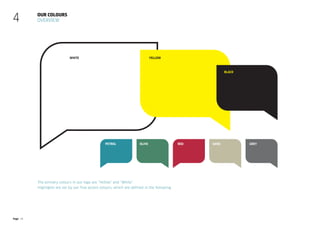 Page 18
Our colours
Overview
White
Black
Yellow
Petrol Olive Sand
Red Grey
4
The primary colours in our logo are “Yellow” and “White”.
Highlights are set by our five accent colours, which are defined in the following.
 