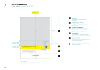 Page 41
Our design principle
Print media | Advertisements
7
Format: DIN A4
(Home  Garden indoor with product feature)
Minimum
picture height
Maximum
picture height
Maximum height
of yellow space
Centreline
Minimum height
of yellow space
Logo space
This space is reserved exclusively
for the logo.
White space “Platform”
This space is reserved exclusively
for copy texts.
Flexible yellow space
Positioning of headline, subheadline.
The yellow space increases or reduces
depending on the amount of text.
Picture area
The height of the picture area changes
depending on the height of the yellow space.
Product feature
Advertisements can be designed with and
without product feature.
1
1
4
3
4
5
5
2
2
3
Detailed dimensions are defined in the
respective template.
 
