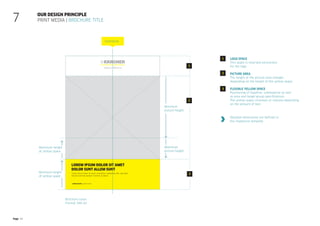 Page 42
Our design principle
Print media | Brochure title
7
Brochure cover
Format: DIN A4
Minimum
picture height
Maximum
picture height
Minimum height
of yellow space
Centreline
Maximum height
of yellow space
Logo space
This space is reserved exclusively
for the logo.
Picture area
The height of the picture area changes
depending on the height of the yellow space.
Flexible yellow space
Positioning of headline, subheadline as well
as area and target group specifications.
The yellow space increases or reduces depending
on the amount of text.
1
2
3
3
2
1
Detailed dimensions are defined in
the respective template.
 