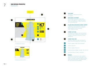 Page 44
Our design principle
Packaging
7
Logo space
This space is reserved exclusively
for the logo.
White space “Platform”
Positioning of the product always takes
place on the “platform”. In addition, further
icons such as QR code or “Made in Germany”
can be positioned here.
Yellow space and design element “Arrow”
In addition to the yellow space in the back-
ground, two arrow elements are defined as
design elements for the packaging.
Colour: Yellow on yellow.
“Arrow” left side
An image can be placed in the arrow element
on the left side if required. The product name
is shown at the top of the arrow on a black
background.
“Arrow” right side
All product details are listed one below the
other in the arrow element on the right side.
Product category (High Pressure Washer)
Product name (K7)
Product category (Premium)
Additional details (Badges “eco!ogic” and “Car Kit”)
Icons (QR Code and “Made in Germany”)
Product
The product is positioned on the “platform” –
always on the centre line. A small part of the
product can project beyond the defined yellow
space into the logo space. The defined protec-
tion zone should not be exceeded.
1
3
4
5
1
2
3
4
5
6
2
Packaging with picture
Packaging without picture
Lorem
K7
+ lorem
+ dolor
www.kaercher.com/K7
Made in Germany
1
3
4
4
5
6
2
5
3
lorem
ipsum
sunt
Centreline
4 5
1 2
eco!ogic
Lorem
K7
+ lorem
+ dolor
lorem
ipsum
sunt
eco!ogic
 