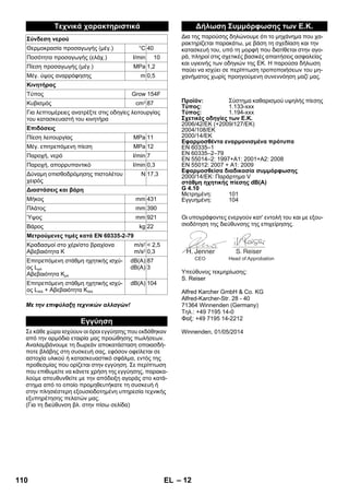 – 12 
Με την επιφύλαξη τεχνικών αλλαγών! 
Σε κάθε χώρα ισχύουν οι όροι εγγύησης που εκδόθηκαν 
από την αρμόδια εταιρία μας προώθησης πωλήσεων. 
Αναλαμβάνουμε τη δωρεάν αποκατάσταση οποιασδή- 
ποτε βλάβης στη συσκευή σας, εφόσον οφείλεται σε 
αστοχία υλικού ή κατασκευαστικό σφάλμα, εντός της 
προθεσμίας που ορίζεται στην εγγύηση. Σε περίπτωση 
που επιθυμείτε να κάνετε χρήση της εγγύησης, παρακα- 
λούμε απευθυνθείτε με την απόδειξη αγοράς στο κατά- 
στημα από το οποίο προμηθευτήκατε τη συσκευή ή 
στην πλησιέστερη εξουσιοδοτημένη υπηρεσία τεχνικής 
εξυπηρέτησης πελατών μας. 
(Για τη διεύθυνση βλ. στην πίσω σελίδα) 
Δια της παρούσης δηλώνουμε ότι το μηχάνημα που χα- 
ρακτηρίζεται παρακάτω, με βάση τη σχεδίαση και την 
κατασκευή του, υπό τη μορφή που διατίθεται στην αγο- 
ρά, πληροί στις σχετικές βασικές απαιτήσεις ασφαλείας 
και υγιεινής των οδηγιών της ΕΚ. Η παρούσα δήλωση 
παύει να ισχύει σε περίπτωση τροποποιήσεων του μη- 
χανήματος χωρίς προηγούμενη συνεννόηση μαζί μας. 
Οι υπογράφοντες ενεργούν κατ' εντολή του και με εξου- 
σιοδότηση της διεύθυνσης της επιχείρησης. 
Υπεύθυνος τεκμηρίωσης: 
S. Reiser 
Alfred Karcher GmbH  Co. KG 
Alfred-Karcher-Str. 28 - 40 
71364 Winnenden (Germany) 
Τηλ.: +49 7195 14-0 
Φαξ: +49 7195 14-2212 
Winnenden, 01/05/2014 
Τεχνικά χαρακτηριστικά 
Σύνδεση νερού 
Θερμοκρασία προσαγωγής (μέγ.) °C 40 
Ποσότητα προσαγωγής (ελάχ.) l/min 10 
Πίεση προσαγωγής (μέγ.) MPa 1,2 
Μέγ. ύψος αναρρόφησης m 0,5 
Κινητήρας 
Tύπος Grow 154F 
Κυβισμός cm3 87 
Για λεπτομέρειες ανατρέξτε στις οδηγίες λειτουργίας 
του κατασκευαστή του κινητήρα 
Επιδόσεις 
Πίεση λειτουργίας MPa 11 
Μέγ. επιτρεπόμενη πίεση MPa 12 
Παροχή, νερό l/min 7 
Παροχή, απορρυπαντικό l/min 0,3 
Δύναμη οπισθοδρόμησης πιστολέτου 
N 17,3 
χειρός 
Διαστάσεις και βάρη 
Μήκος mm 431 
Πλάτος mm 390 
Ύψος mm 921 
Βάρος kg 22 
Μετρούμενες τιμές κατά EN 60335-2-79 
Κραδασμοί στο χέρι/στο βραχίονα 
Αβεβαιότητα K 
m/s2 
m/s2 
 2,5 
0,3 
Επιτρεπόμενη στάθμη ηχητικής ισχύ- 
ος LpA 
Αβεβαιότητα KpA 
dB(A) 
dB(A) 
87 
3 
Επιτρεπόμενη στάθμη ηχητικής ισχύ- 
ος LWA + Αβεβαιότητα KWA 
dB(A) 104 
Εγγύηση 
Δήλωση Συμμόρφωσης των Ε.Κ. 
Προϊόν: Σύστημα καθαρισμού υψηλής πίεσης 
Τύπος: 1.133-xxx 
Τύπος: 1.194-xxx 
Σχετικές οδηγίες των Ε.Κ. 
2006/42/EK (+2009/127/EK) 
2004/108/EΚ 
2000/14/EΚ 
Εφαρμοσθέντα εναρμονισμένα πρότυπα 
EN 60335–1 
EN 60335–2–79 
EN 55014–2: 1997+A1: 2001+A2: 2008 
EN 55012: 2007 + A1: 2009 
Εφαρμοσθείσα διαδικασία συμμόρφωσης 
2000/14/EΚ: Παράρτημα V 
στάθμη ηχητικής πίεσης dB(A) 
G 4.10 
Μετρημένη: 101 
Εγγυημένη: 104 
CEO Head of Approbation 
110 EL 
 