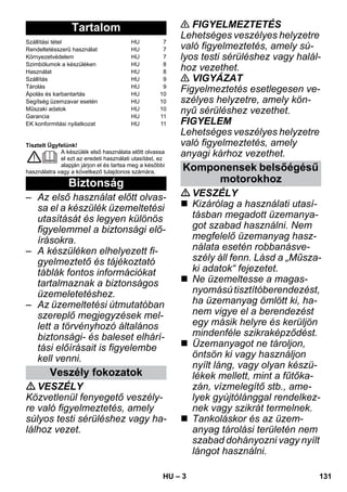 – 3 
Tisztelt Ügyfelünk! 
A készülék első használata előtt olvassa 
el ezt az eredeti használati utasítást, ez 
alapján járjon el és tartsa meg a későbbi 
használatra vagy a következő tulajdonos számára. 
– Az első használat előtt olvas-sa 
el a készülék üzemeltetési 
utasítását és legyen különös 
figyelemmel a biztonsági elő-írásokra. 
– A készüléken elhelyezett fi-gyelmeztető 
és tájékoztató 
táblák fontos információkat 
tartalmaznak a biztonságos 
üzemeletetéshez. 
– Az üzemeltetési útmutatóban 
szereplő megjegyzések mel-lett 
a törvényhozó általános 
biztonsági- és baleset elhárí-tási 
előírásait is figyelembe 
kell venni. 
VESZÉLY 
Közvetlenül fenyegető veszély-re 
való figyelmeztetés, amely 
súlyos testi sérüléshez vagy ha-lálhoz 
vezet. 
 FIGYELMEZTETÉS 
Lehetséges veszélyes helyzetre 
való figyelmeztetés, amely sú-lyos 
testi sérüléshez vagy halál-hoz 
vezethet. 
 VIGYÁZAT 
Figyelmeztetés esetlegesen ve-szélyes 
helyzetre, amely kön-nyű 
sérüléshez vezethet. 
FIGYELEM 
Lehetséges veszélyes helyzetre 
való figyelmeztetés, amely 
anyagi kárhoz vezethet. 
VESZÉLY 
 Kizárólag a használati utasí-tásban 
megadott üzemanya-got 
szabad használni. Nem 
megfelelő üzemanyag hasz-nálata 
esetén robbanásve-szély 
áll fenn. Lásd a „Műsza-ki 
adatok“ fejezetet. 
 Ne üzemeltesse a magas-nyomású 
tisztítóberendezést, 
ha üzemanyag ömlött ki, ha-nem 
vigye el a berendezést 
egy másik helyre és kerüljön 
mindenféle szikraképződést. 
 Üzemanyagot ne tároljon, 
öntsön ki vagy használjon 
nyílt láng, vagy olyan készü-lékek 
mellett, mint a fűtőka-zán, 
vízmelegítő stb., ame-lyek 
gyújtólánggal rendelkez-nek 
vagy szikrát termelnek. 
 Tankoláskor és az üzem-anyag 
tárolási területén nem 
szabad dohányozni vagy nyílt 
lángot használni. 
Tartalom 
Szállítási tétel HU 7 
Rendeltetésszerű használat HU 7 
Környezetvédelem HU 7 
Szimbólumok a készüléken HU 8 
Használat HU 8 
Szállítás HU 9 
Tárolás HU 9 
Ápolás és karbantartás HU 10 
Segítség üzemzavar esetén HU 10 
Műszaki adatok HU 10 
Garancia HU 11 
EK konformitási nyilatkozat HU 11 
Biztonság 
Veszély fokozatok 
Komponensek belsőégésű 
motorokhoz 
HU 131 
 
