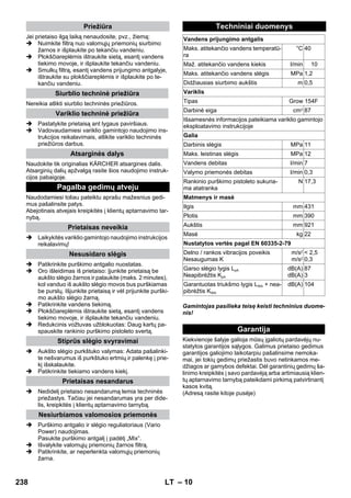 – 10 
Jei prietaiso ilgą laiką nenaudosite, pvz., žiemą: 
 Nuimkite filtrą nuo valomųjų priemonių siurbimo 
žarnos ir išplaukite po tekančiu vandeniu. 
 Plokščiareplėmis ištraukite sietą, esantį vandens 
tiekimo movoje, ir išplaukite tekančiu vandeniu. 
 Smulkų filtrą, esantį vandens prijungimo antgalyje, 
ištraukite su plokščiareplėmis ir išplaukite po te-kančiu 
vandeniu. 
Nereikia atlikti siurblio techninės priežiūros. 
 Pastatykite prietaisą ant lygaus paviršiaus. 
 Vadovaudamiesi variklio gamintojo naudojimo ins-trukcijos 
reikalavimais, atlikite variklio techninės 
priežiūros darbus. 
Naudokite tik originalias KÄRCHER atsargines dalis. 
Atsarginių dalių apžvalgą rasite šios naudojimo instruk-cijos 
pabaigoje. 
Naudodamiesi toliau pateiktu aprašu mažesnius gedi-mus 
pašalinsite patys. 
Abejotinais atvejais kreipkitės į klientų aptarnavimo tar-nybą. 
 Laikykitės variklio gamintojo naudojimo instrukcijos 
reikalavimų! 
 Patikrinkite purškimo antgalio nuostatas. 
 Oro išleidimas iš prietaiso: Įjunkite prietaisą be 
aukšto slėgio žarnos ir palaukite (maks. 2 minutes), 
kol vanduo iš aukšto slėgio movos bus purškiamas 
be purslų. Išjunkite prietaisą ir vėl prijunkite purški-mo 
aukšto slėgio žarną. 
 Patikrinkite vandens tiekimą. 
 Plokščiareplėmis ištraukite sietą, esantį vandens 
tiekimo movoje, ir išplaukite tekančiu vandeniu. 
 Redukcinis vožtuvas užblokuotas: Daug kartų pa-spauskite 
rankinio purškimo pistoleto svertą. 
 Aukšto slėgio purkštuko valymas: Adata pašalinki-te 
nešvarumus iš purkštuko ertmių ir palenkę į prie-kį 
išskalaukite. 
 Patikrinkite tiekiamo vandens kiekį. 
 Nedidelį prietaiso nesandarumą lemia techninės 
priežastys. Tačiau jei nesandarumas yra per dide-lis, 
kreipkitės į klientų aptarnavimo tarnybą. 
 Purškimo antgalio ir slėgio reguliatoriaus (Vario 
Power) naudojimas. 
Pasukite purškimo antgalį į padėtį „Mix“. 
 Išvalykite valomųjų priemonių žarnos filtrą. 
 Patikrinkite, ar neperlenkta valomųjų priemonių 
žarna. 
Gamintojas pasilieka teisę keisti techninius duome-nis! 
Kiekvienoje šalyje galioja mūsų įgaliotų pardavėjų nu-statytos 
garantijos sąlygos. Galimus prietaiso gedimus 
garantijos galiojimo laikotarpiu pašalinsime nemoka-mai, 
jei tokių gedimų priežastis buvo netinkamos me-džiagos 
ar gamybos defektai. Dėl garantinių gedimų ša-linimo 
kreipkitės į savo pardavėją arba artimiausią klien-tų 
aptarnavimo tarnybą pateikdami pirkimą patvirtinantį 
kasos kvitą. 
(Adresą rasite kitoje pusėje) 
Priežiūra 
Siurblio techninė priežiūra 
Variklio techninė priežiūra 
Atsarginės dalys 
Pagalba gedimų atveju 
Prietaisas neveikia 
Nesusidaro slėgis 
Stiprūs slėgio svyravimai 
Prietaisas nesandarus 
Nesiurbiamos valomosios priemonės 
Techniniai duomenys 
Vandens prijungimo antgalis 
Maks. atitekančio vandens temperatū-ra 
°C 40 
Maž. atitekančio vandens kiekis l/min 10 
Maks. atitekančio vandens slėgis MPa 1,2 
Didžiausias siurbimo aukštis m 0,5 
Variklis 
Tipas Grow 154F 
Darbinė eiga cm3 87 
Išsamesnės informacijos pateikiama variklio gamintojo 
eksploatavimo instrukcijoje 
Galia 
Darbinis slėgis MPa 11 
Maks. leistinas slėgis MPa 12 
Vandens debitas l/min 7 
Valymo priemonės debitas l/min 0,3 
Rankinio purškimo pistoleto sukuria-ma 
atatranka 
N 17,3 
Matmenys ir masė 
Ilgis mm 431 
Plotis mm 390 
Aukštis mm 921 
Masė kg 22 
Nustatytos vertės pagal EN 60335-2-79 
Delno / rankos vibracijos poveikis 
Nesaugumas K 
m/s2 
m/s2 
 2,5 
0,3 
Garso slėgio lygis LpA 
Neapibrėžtis KpA 
dB(A) 
dB(A) 
87 
3 
Garantuotas triukšmo lygis LWA + nea-pibrėžtis 
KWA 
dB(A) 104 
Garantija 
238 LT 
 