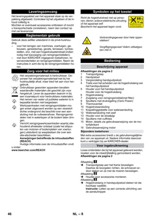 – 8 
Het leveringspakket van het apparaat staat op de ver-pakking 
afgebeeld. Controleer bij het uitpakken of de in-houd 
volledig is. 
Mochten er eventueel accessoires ontbreken of mocht 
u transportschade constateren, neem dan contact op 
met uw leverancier. 
Gebruik deze asfilter uitsluitend in de privé-huishou-ding. 
– voor het reinigen van machines, voertuigen, ge-bouwen, 
gereedschap, gevels, terrassen, tuintoe-stellen, 
enz. met een hogedrukwaterstraal (indien 
nodig met toevoeging van reinigingsmiddelen); 
– met door KÄRCHER vrijgegeven toebehoren, re-serveonderdelen 
en reinigingsmiddelen. Neem de 
instructies in acht die bij de reinigingsmiddelen ho-ren. 
Het verpakkingsmateriaal is herbruikbaar. De-poneer 
het verpakkingsmateriaal niet bij het 
huishoudelijk afval, maar bied het aan voor her-gebruik. 
Onbruikbaar geworden apparaten bevatten 
waardevolle materialen die geschikt zijn voor 
hergebruik. Lever de apparaten daarom in bij 
een inzamelpunt voor herbruikbare materialen. 
Het nemen van water uit publieke wateren is in 
bepaalde landen niet toegestaan. 
Werkzaamheden met reinigingsmiddelen mo-gen 
enkel uitgevoerd worden op een vloeistof-dichte 
ondergrond die beschikt over een aan-sluiting 
met de vuilwaterafvoer. Reinigingsmid-delen 
niet in waterlopen of de bodem laten drin-gen. 
Verricht reinigingswerkzaamheden waarbij olie-houdend 
afvalwater ontstaat (zoals het afspui-ten 
van motoren of bodemplaten van voertui-gen) 
uitsluitend op wasplaatsen die over een 
olie-afscheider beschikken. 
Aanwijzingen betreffende de inhoudsstoffen 
(REACH) 
Huidige informatie over de inhoudsstoffen vindt 
u onder: 
www.kaercher.com/REACH 
Richt de hogedrukstraal niet op perso-nen, 
dieren, actieve elektrische uitrusting 
of het apparaat zelf. 
Bescherm het apparaat tegen vorst. 
Afbeeldingen zie pagina 2 
1 Transportgreep 
2 Handpistool 
3 Vergrendeling handspuitpistool 
4 Toets voor het scheiden van de hogedrukslang van 
het handspuitpistool 
5 Houder voor het handspuitpistool 
Houder voor de hogedrukslang 
6 Hogedrukslang 
7 Zuigslang voor reinigingsmiddel(met filter) 
8 Spuitlans met drukregeling (Vario Power) 
9 Thermoventiel 
10 Hogedrukaansluiting 
11 Koppelinggedeelte voor wateraansluiting 
12 Wateraansluiting met zeef 
13 Houder voor de straalpijp 
14 Spuitlans met vuilfrees 
15 Motor; details zie gebruiksaanwijzing van de mo-torfabrikant 
16 Gebruiksaanwijzing motor 
Met extra accessoires breidt u de gebruiksmogelijkhe-den 
van uw apparaat uit. Nadere informatie daarover 
kunt u verkrijgen bij uw KÄRCHER-dealer. 
Losse onderdelen die bij het apparaat geleverd werden, 
moeten voor de inbedrijfstelling gemonteerd worden. 
Afbeeldingen zie pagina 2 
Afbeelding 
 Transportgreep aan het frame bevestigen. 
Daartoe de boorgaten richten, de schroeven er-door 
steken en ze met de moeren bevestigen. 
Afbeelding 
 Houder voor accessoires monteren. 
Afbeelding 
 Hogedrukslang in handspuitpistool steken tot die 
hoorbaar vastklikt. 
Instructie: Letten op een correcte uitrichting van 
de aansluitnippel. 
Leveringsomvang 
Reglementair gebruik 
Zorg voor het milieu 
Symbolen op het toestel 
Verbrandingsgevaar door hete opper-vlakken! 
Vergiftigingsgevaar! Adem uitlaatgas-sen 
niet in. 
Bediening 
Beschrijving apparaat 
Bijzondere toebehoren 
Voor ingebruikneming 
46 NL 
 