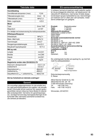 – 10 
Det tas forbehold om tekniske endringer! 
Vår ansvarlige salgsorganisasjon for det enkelte land 
har utgitt garantibetingelsene som gjelder i det aktuelle 
landet. Eventuelle feil på maskinen blir reparert gratis i 
garantitiden dersom disse kan føres tilbake til material-eller 
produksjonsfeil. Ved behov for garantireparasjo-ner, 
vennligst henvend deg med kjøpskvitteringen til din 
forhandler eller nærmeste autoriserte kundeservice. 
(Se adresse på baksiden) 
Vi erklærer hermed at maskinen angitt nedenfor oppfyl-ler 
de grunnleggende sikkerhets- og helsekravene i de 
relevante EF-direktivene, med hensyn til både design, 
konstruksjon og type markedsført av oss. Ved endringer 
på maskinen som er utført uten vårt samtykke, mister 
denne erklæringen sin gyldighet. 
De undertegnede handler på oppdrag fra, og med full-makt 
fra selskapsledelsen. 
Dokumentasjonsansvarlig: 
S. Reiser 
Alfred Kärcher GmbH  Co. KG 
Alfred-Kärcher-Str. 28 - 40 
71364 Winnenden (Germany) 
Tlf: +49 7195 14-0 
Faks: +49 7195 14-2212 
Winnenden, 2014/07/01 
Tekniske data 
Vanntilkobling 
Vanntilførsels-temperatur (max) °C 40 
Tilførselsmengde (min) l/min 10 
Tilførselstrykk (max) MPa 1,2 
Maks. sugehøyde m 0,5 
Motor 
Type Grow 154F 
Slagvolum cm3 87 
For detaljer se bruksanvisning fra motorprodusenten. 
Effektspesifikasjoner 
Arbeidstrykk MPa 11 
Maks. tillatt trykk MPa 12 
Vannmengde l/min 7 
Rengjøringsmiddelmengde l/min 0,3 
Rekylkraft høytrykkspistol N 17,3 
Mål og vekt 
Lengde mm 431 
Bredde mm 390 
Høyde mm 921 
Vekt kg 22 
Registrerte verdier etter EN 60335-2-79 
Hånd-arm vibrasjonsverdi 
Usikkerhet K 
m/s2 
m/s2 
 2,5 
0,3 
Støytrykksnivå LpA 
Usikkerhet KpA 
dB(A) 
dB(A) 
87 
3 
Støyeffektnivå LWA + usikkerhet KWA dB(A) 104 
Garanti 
EU-samsvarserklæring 
Produkt: Høytrykksvasker 
Type: 1,133-xxx 
Type: 1,194-xxx 
Relevante EU-direktiver 
2006/42/EF (+2009/127/EF) 
2004/108/EF 
2000/14/EF 
Anvendte overensstemmende normer 
EN 60335–1 
EN 60335–2–79 
EN 55014–2: 1997+A1: 2001+A2: 2008 
EN 55012: 2007 + A1: 2009 
Anvendt metode for samsvarsvurdering 
2000/14/EF: Vedlegg V 
Lydeffektnivå dB(A) 
G 4.10 
Målt: 101 
Garantert: 104 
CEO Head of Approbation 
NO 83 
 