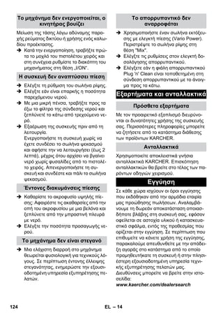 – 14 
Μείωση της τάσης λόγω αδύναμης παρο- 
χής ρεύματος δικτύου ή χρήσης ενός καλω- 
δίου προέκτασης. 
 Κατά την ενεργοποίηση, τραβήξτε πρώ- 
τα το μοχλό του πιστολέτου χειρός και 
στη συνέχεια ρυθμίστε το διακόπτη του 
μηχανήματος στη θέση „I/ON“. 
 Ελέγξτε τη ρύθμιση του σωλήνα ρίψης. 
 Ελέγξτε εάν είναι επαρκής η ποσότητα 
παρεχόμενου νερού. 
 Με μια μικρή πένσα, τραβήξτε προς τα 
έξω το φίλτρο της σύνδεσης νερού και 
ξεπλύνετέ το κάτω από τρεχούμενο νε- 
ρό. 
 Εξαέρωση της συσκευής πριν από τη 
λειτουργία. 
Ενεργοποιήστε τη συσκευή χωρίς να 
έχετε συνδέσει το σωλήνα ψεκασμού 
και αφήστε την να λειτουργήσει (έως 2 
λεπτά), μέχρις ότου αρχίσει να βγαίνει 
νερό χωρίς φυσαλίδες από το πιστολέ- 
το χειρός. Απενεργοποιήστε τη συ- 
σκευή και συνδέστε και πάλι το σωλήνα 
ψεκασμού. 
 Καθαρίστε το ακροφυσίο υψηλής πίε- 
σης: Αφαιρέστε τις ακαθαρσίες από την 
οπή του ακροφυσίου με μια βελόνα και 
ξεπλύνετε από την μπροστινή πλευρά 
με νερό. 
 Ελέγξτε την ποσότητα προσαγωγής νε- 
ρού. 
 Μια ελάχιστη διαρροή στο μηχάνημα 
θεωρείται φυσιολογική για τεχνικούς λό- 
γους. Σε περίπτωση έντονης έλλειψης 
στεγανότητας, ενημερώστε την εξουσι- 
οδοτημένη υπηρεσία εξυπηρέτησης πε- 
λατών. 
 Χρησιμοποιήστε έναν σωλήνα εκτόξευ- 
σης με ελεγκτή πίεσης (Vario Power). 
Περιστρέψτε το σωλήνα ρίψης στη 
θέση Mix. 
 Ελέγξτε τις ρυθμίσεις στον ελεγκτή δο- 
σολόγησης απορρυπαντικού. 
 Ελέγξετε εάν η φιάλη απορρυπαντικού 
Plug 'n' Clean είναι τοποθετημένη στη 
σύνδεση απορρυπαντικού με το άνοιγ- 
μα προς τα κάτω. 
Με τον προαιρετικό εξοπλισμό διευρύνο- 
νται οι δυνατότητες χρήσης της συσκευής 
σας. Περισσότερες πληροφορίες μπορείτε 
να ζητήσετε από το κατάστημα διάθεσης 
των προϊόντων KARCHER. 
Χρησιμοποιείτε αποκλειστικά γνήσια 
ανταλλακτικά KARCHER. Επισκόπηση 
ανταλλακτικών θα βρείτε στο τέλος των πα- 
ρόντων οδηγιών χειρισμού. 
Σε κάθε χώρα ισχύουν οι όροι εγγύησης 
που εκδόθηκαν από την αρμόδια εταιρία 
μας προώθησης πωλήσεων. Αναλαμβά- 
νουμε τη δωρεάν αποκατάσταση οποιασ- 
δήποτε βλάβης στη συσκευή σας, εφόσον 
οφείλεται σε αστοχία υλικού ή κατασκευα- 
στικό σφάλμα, εντός της προθεσμίας που 
ορίζεται στην εγγύηση. Σε περίπτωση που 
επιθυμείτε να κάνετε χρήση της εγγύησης, 
παρακαλούμε απευθυνθείτε με την απόδει- 
ξη αγοράς στο κατάστημα από το οποίο 
προμηθευτήκατε τη συσκευή ή στην πλησι- 
έστερη εξουσιοδοτημένη υπηρεσία τεχνι- 
κής εξυπηρέτησης πελατών μας. 
Διευθύνσεις μπορείτε να βρείτε στην ιστο- 
σελίδα: 
www.kaercher.com/dealersearch 
Το μηχάνημα δεν ενεργοποιείται, ο 
κινητήρας βουίζει 
Η συσκευή δεν αναπτύσσει πίεση 
Έντονες διακυμάνσεις πίεσης 
Το μηχάνημα δεν είναι στεγανό 
Το απορρυπαντικό δεν 
αναρροφάται 
Εξαρτήματα και ανταλλακτικά 
Πρόσθετα εξαρτήματα 
Ανταλλακτικά 
Εγγύηση 
124 EL 
 