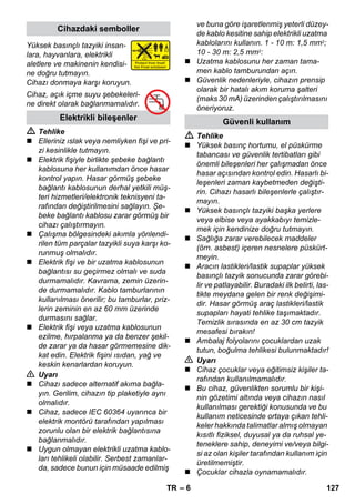 – 6 
Yüksek basınçlı tazyiki insan-lara, 
hayvanlara, elektrikli 
aletlere ve makinenin kendisi-ne 
doğru tutmayın. 
Cihazı donmaya karşı koruyun. 
Cihaz, açık içme suyu şebekeleri-ne 
direkt olarak bağlanmamalıdır. 
 Tehlike 
 Elleriniz ıslak veya nemliyken fişi ve pri-zi 
kesinlikle tutmayın. 
 Elektrik fişiyle birlikte şebeke bağlantı 
kablosuna her kullanımdan önce hasar 
kontrol yapın. Hasar görmüş şebeke 
bağlantı kablosunun derhal yetkili müş-teri 
hizmetleri/elektronik teknisyeni ta-rafından 
değiştirilmesini sağlayın. Şe-beke 
bağlantı kablosu zarar görmüş bir 
cihazı çalıştırmayın. 
 Çalışma bölgesindeki akımla yönlendi-rilen 
tüm parçalar tazyikli suya karşı ko-runmuş 
olmalıdır. 
 Elektrik fişi ve bir uzatma kablosunun 
bağlantısı su geçirmez olmalı ve suda 
durmamalıdır. Kavrama, zemin üzerin-de 
durmamalıdır. Kablo tamburlarının 
kullanılması önerilir; bu tamburlar, priz-lerin 
zeminin en az 60 mm üzerinde 
durmasını sağlar. 
 Elektrik fişi veya uzatma kablosunun 
ezilme, hırpalanma ya da benzer şekil-de 
zarar ya da hasar görmemesine dik-kat 
edin. Elektrik fişini ısıdan, yağ ve 
keskin kenarlardan koruyun. 
 Uyarı 
 Cihazı sadece alternatif akıma bağla-yın. 
Gerilim, cihazın tip plaketiyle aynı 
olmalıdır. 
 Cihaz, sadece IEC 60364 uyarınca bir 
elektrik montörü tarafından yapılması 
zorunlu olan bir elektrik bağlantısına 
bağlanmalıdır. 
 Uygun olmayan elektrikli uzatma kablo-ları 
tehlikeli olabilir. Serbest zamanlar-da, 
sadece bunun için müsaade edilmiş 
ve buna göre işaretlenmiş yeterli düzey-de 
kablo kesitine sahip elektrikli uzatma 
kablolarını kullanın. 1 - 10 m: 1,5 mm2; 
10 - 30 m: 2,5 mm2: 
 Uzatma kablosunu her zaman tama-men 
kablo tamburundan açın. 
 Güvenlik nedenleriyle, cihazın prensip 
olarak bir hatalı akım koruma şalteri 
(maks 30 mA) üzerinden çalıştırılmasını 
öneriyoruz. 
 Tehlike 
 Yüksek basınç hortumu, el püskürme 
tabancası ve güvenlik tertibatları gibi 
önemli bileşenleri her çalışmadan önce 
hasar açısından kontrol edin. Hasarlı bi-leşenleri 
zaman kaybetmeden değişti-rin. 
Cihazı hasarlı bileşenlerle çalıştır-mayın. 
 Yüksek basınçlı tazyiki başka yerlere 
veya elbise veya ayakkabıyı temizle-mek 
için kendinize doğru tutmayın. 
 Sağlığa zarar verebilecek maddeler 
(örn. asbest) içeren nesnelere püskürt-meyin. 
 Aracın lastikleri/lastik supaplar yüksek 
basınçlı tazyik sonucunda zarar görebi-lir 
ve patlayabilir. Buradaki ilk belirti, las-tikte 
meydana gelen bir renk değişimi-dir. 
Hasar görmüş araç lastikleri/lastik 
supapları hayati tehlike taşımaktadır. 
Temizlik sırasında en az 30 cm tazyik 
mesafesi bırakın! 
 Ambalaj folyolarını çocuklardan uzak 
tutun, boğulma tehlikesi bulunmaktadır! 
 Uyarı 
 Cihaz çocuklar veya eğitimsiz kişiler ta-rafından 
kullanılmamalıdır. 
 Bu cihaz, güvenlikten sorumlu bir kişi-nin 
gözetimi altında veya cihazın nasıl 
kullanılması gerektiği konusunda ve bu 
kullanım neticesinde ortaya çıkan tehli-keler 
hakkında talimatlar almış olmayan 
kısıtlı fiziksel, duyusal ya da ruhsal ye-teneklere 
sahip, deneyimi ve/veya bilgi-si 
az olan kişiler tarafından kullanım için 
üretilmemiştir. 
 Çocuklar cihazla oynamamalıdır. 
Cihazdaki semboller 
Elektrikli bileşenler Güvenli kullanım 
TR 127 
 