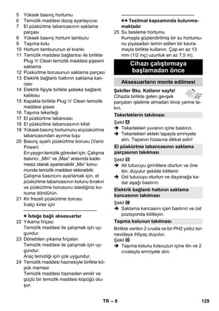 Tekerleklerin takılması 
El püskürtme tabancasının saklama 
parçasının takılması 
Elektrik bağlantı hattının saklama 
kancasının takılması 
Taşıma kolunun takılması 
– 8 
5 Yüksek basınç hortumu 
6 Temizlik maddesi dozaj ayarlayıcısı 
7 El püskürtme tabancasının saklama 
parçası 
8 Yüksek basınç hortum tamburu 
9 Taşıma kolu 
10 Hortum tamburunun el krankı 
11 Temizlik maddesi bağlantısı ile birlikte 
Plug 'n' Clean temizlik maddesi şişesini 
saklama 
12 Püskürtme borusunun saklama parçası 
13 Elektrik bağlantı hattının saklama kan-cası 
14 Elektrik fişiyle birlikte şebeke bağlantı 
kablosu 
15 Kapakla birlikte Plug 'n' Clean temizlik 
maddesi şisesi 
16 Taşıma tekerleği 
17 El püskürtme tabancası 
18 El püskürtme tabancasının kilidi 
19 Yüksek basınç hortumunu el püskürtme 
tabancasından ayırma tuşu 
20 Basınç ayarlı püskürtme borusu (Vario 
Power) 
En yaygın temizlik görevleri için. Çalışma 
basıncı, „Min“ ve „Max“ arasında kade-mesiz 
olarak ayarlanabilir „Mix“ konu-munda 
temizlik maddesi eklenebilir. 
Çalışma basıncını ayarlamak için, el 
püskürtme tabancasının kolunu bırakın 
ve püskürtme borusunu istediğiniz ko-numa 
döndürün. 
21 Kir frezeli püskürtme borusu 
İnatçı kirler için 
———————————————– 
İsteğe bağlı aksesuarlar 
22 Yıkama fırçası 
Temizlik maddesi ile çalışmak için uy-gundur. 
23 Dönebilen yıkama fırçaları 
Temizlik maddesi ile çalışmak için uy-gundur. 
Araç temizliği için çok uygundur. 
24 Temizlik maddesi haznesiyle birlikte kö-pük 
memesi 
Temizlik maddesi hazneden emilir ve 
güçlü bir temizlik maddesi köpüğü olu-şur. 
———————————————– 
Teslimat kapsamında bulunma-maktadır 
25 Su besleme hortumu 
Kumaşla güçlendirilmiş bir su hortumu-nu 
piyasadan temin edilen bir kavra-mayla 
birlikte kullanın. Çap en az 13 
mm (1/2 inç) uzunluk en az 7,5 m). 
Cihazı çalıştırmaya 
başlamadan önce 
Aksesuarların monte edilmesi 
Şekiller Bkz. Katlanır sayfa! 
Cihazla birlikte gelen gevşek 
parçaları işletime almadan önce yerine ta-kın. 
Şekil 
 Tekerlekleri yuvanın içine bastırın. 
 Tekerlekleri ekteki tapayla emniyete 
alın. Tapanın hizasına dikkat edin! 
Şekil 
 Alt tutucuyu girintilere oturtun ve öne 
itin; duyulur şekilde kilitlenir. 
 Üst tutucuyu oturtun ve dayanağa ka-dar 
aşağı bastırın. 
Şekil 
 Saklama kancasını içeri bastırın ve üst 
pozisyonda kilitleyin. 
Birlikte verilen 2 cıvata ve bir PH2 yıldız tor-navidaya 
ihtiyaç duyulur. 
Şekil 
 Taşıma kolunu kılavuzun içine itin ve 2 
cıvatayla emniyete alın. 
TR 129 
 