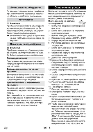 – 8 
За защита от напръскване с вода или 
мръсотия носете подходящо предпаз- 
но облекло и предпазни очила/маска. 
 Внимание 
Преди всички дейности с или по уреда 
установете устойчивостта, за да 
предотвратите злополуки или увреж- 
дания поради падане на уреда. 
 Устойчивостта на уреда е гарантира- 
на, ако той бъде оставен на равна по- 
върхност. 
 Внимание 
Предпазните приспособления служат 
за защита на потребителя и не бива 
да бъдат променяни или заобикаляни. 
Прекъсвачът на уреда предотвратява 
непреднамереното пускане в експлоата- 
ция на уреда. 
Блокировката спира лоста на пистолета 
за ръчно пръскане и предотвратява не- 
преднамерения старт на уреда. 
Преливният вентил предотвратява над- 
вишаването на допустимото работно на- 
лягане. 
Ако се освободи лостът на пистолета за 
ръчно пръскване, пневматичният кон- 
такт изключва помпата, струя високо 
налягане прекъсва. Ако лостът се при- 
дърпа, отново включва помпата. 
В тази инструкция за употреба е описано 
максималното оборудване. В обема на 
доставка има разлики в зависимост от 
модела (вижте опаковката). 
Вижте схемите на разгъна- 
тата страница! 
1 Куплунг за свързване към захранва- 
не с вода 
2 Място за съхранение на пистолета 
за ръчно пръскане 
3 Връзка за вода с вградена цедка 
4 Прекъсвачи на уреда „0/OFF“ / „I/ON“ 
5 Маркуч за работа под налягане 
6 Регулатор дозиране за почистващо- 
то средство 
7 Място за съхранение на пистолета 
за ръчно пръскане 
8 Барабан за маркуча за работа под 
високо налягане 
9 Дръжка за транспортиране 
10 Манивела за барабана на маркуча 
11 Съхранение Plug 'n' Clean бутилка с 
почистващ препарат с извод за по- 
чистващ препарат 
12 Място за съхранение на стоманената 
тръба 
13 Кука за съхранение на захранващия 
кабел 
14 Мрежови захранващ кабел с щепсел 
15 Plug 'n' Clean бутилка с почистващ 
препарат със затварящ капак 
16 Транспортно колело 
17 Пистолет за ръчно пръскане 
18 Блокировка пистолет за ръчно пръ- 
скане 
19 Бутон за отделяне на маркуча за ра- 
бота под налягане от пистолета з 
ръчно пръскане 
20 Тръба за разпраскване с регулиране 
на налягането (Vario Power) 
За най-обичайните видове почиства- 
не. Работното налягане може да се 
регулира безстепенно между „Min“ и 
„Max“. В положение „Mix“ може да се 
дозира почистващ препарат. 
За регулиране на работното наляга- 
не пуснете лоста на пистолета за 
Лично защитно оборудване 
Устойчивост 
Предпазни приспособления 
Прекъсвач на уреда 
Блокировка пистолет за ръчно 
пръскане 
Преливен вентил с пневматичен 
прекъсвач 
Описание на уреда 
232 BG 
 