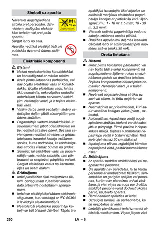 – 6 
Nevērsiet augstspiediena 
strūklu pret personām, dzīv-niekiem, 
ieslēgtām elektris-kām 
ierīcēm vai pret pašu 
aparātu. 
Sargāt ierīci no sala. 
Aparātu nedrīkst pieslēgt tieši pie 
publiskās dzeramā ūdens sistē-mas. 
 Bīstami 
 Nekad nepieskarieties kontaktdakšai 
un kontaktligzdai ar mitrām rokām. 
 Ikreiz pirms lietošanas pārbaudiet, vai 
nav bojāts elektrības vads ar kontakt-dakšu. 
Bojāto elektrības vadu, lai tas 
tiktu nomainīts, nekavējoties nododiet 
autorizētam klientu servisam / elektri-ķim. 
Nelietojiet ierīci, ja ir bojāts elektrī-bas 
vads. 
 Visām darba zonā esošajām strāvu va-došajām 
daļām jābūt aizsargātām pret 
ūdens strūklām. 
 Pagarinātāja vadam kontaktdakšai un 
savienojumam jābūt ūdensdrošiem un 
tie nedrīkst atrasties ūdenī. Bez tam sa-vienojums 
nedrīkst atrasties uz grīdas. 
Ieteicams izmantot kabeļu uztīšanas 
spoles, kuras nodrošina, ka kontaktligz-das 
atrodas vismaz 60 mm no grīdas. 
 Sekojiet, lai elektrības vads vai pagari-nātāja 
vads netiktu sabojāts, tam pār-braucot, 
to saspiežot, pārplēšot vai tml. 
Sargiet elektrības vadus no karstuma, 
eļļas un asām malām. 
 Brīdinājums 
 Ierīci pieslēdziet tikai maiņstrāvas tīk-lam. 
Spriegumam ir jāatbilst ierīces 
datu plāksnītē norādītajam spriegu-mam. 
 Ierīci var pieslēgt tikai tādam elektropie-slēgumam, 
kuru saskaņā ar IEC 60364 
ir izveidojis elektromontieris. 
 Neatbilstoši elektriskie pagarināju ka-beļi 
var būt bīstami dzīvībai. Tāpēc āra 
apstākļos izmantojiet tikai atļautus un 
atbilstoši marķētus elektriskos pagari-nātāju 
kabeļus ar pietiekošu vadu šķēr-sgriezumu: 
1 - 10 m: 1,5 mm2; 10 - 30 
m: 2,5 mm2: 
 Vienmēr notiniet pagarinātāja vadu no 
kabeļu uztīšanas spoles pilnībā. 
 Drošības apsvērumu dēļ mēs iesakām 
darbināt ierīci ar aizsargslēdzi pret nop-lūdes 
strāvu (maks.30 mA). 
 Bīstami 
 Ikreiz pirms lietošanas pārbaudiet, vai 
nav bojāti tādi svarīgi komponenti, kā 
augstspiediena šļūtene, rokas smidzi-nāšanas 
pistole un drošības ietaises. 
Bojātos komponentus nekavējoties no-mainiet. 
Nelietojiet ierīci, ja ir bojāti 
komponenti. 
 Nevērsiet augstspiediena strūklu uz 
sevi vai citiem, lai tīrītu apģērbu vai 
apavus. 
 Nesmidziniet uz priekšmetiem, kuri sa-tur 
veselībai kaitīgas vielas (piem., az-bestu). 
 Automašīnas riepas/riepu ventiļi augst-spiediena 
strūklas ietekmē var tikt sabo-jāti 
un pārsprāgt. Pirmā pazīme ir riepas 
krāsas maiņa. Bojātas automašīnas rie-pas/ 
riepu ventiļi ir bīstami dzīvībai. Tīrot 
ievērojiet vismaz 30 cm attālumu! 
 Iepakojuma plēves uzglabājiet bērniem 
nepieejamā vietā, pastāv nosmakšanas 
risks! 
 Brīdinājums 
 Ar aparātu nedrīkst strādāt bērni vai ne-apmācītas 
personas. 
 Šis aparāts nav paredzēts, lai to lietotu 
personas ar ierobežotām fiziskām, sen-soriskām 
un garīgām spējām vai perso-nas, 
kurām nav pieredzes un/vai zinā-šanu, 
ja vien viņas uzrauga par drošību 
atbildīgā persona vai tā dod instrukcijas 
par to, kā jālieto aparāts. 
 Bērni nedrīkst spēlēties ar ierīci. 
 Uzraugiet bērnus, lai pārliecinātos, ka 
tie nespēlējas ar ierīci. 
 Lietotāja pienākums ir ierīci izmantot at-bilstoši 
noteikumiem. Viņam jāņem vērā 
Simboli uz aparāta 
Elektriskie komponenti 
Droša lietošana 
250 LV 
 