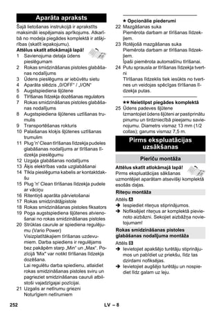 – 8 
Šajā lietošanas instrukcijā ir aprakstīts 
maksimāli iespējamais aprīkojums. Atkarī-bā 
no modeļa piegādes komplektā ir atšķi-rības 
(skatīt iepakojumu). 
Attēlus skatīt atlokāmajā lapā! 
1 Savienojuma detaļa ūdens 
pieslēgumam 
2 Rokas smidzināšanas pistoles glabāša-nas 
nodalījums 
3 Ūdens pieslēgums ar iebūvētu sietu 
4 Aparāta slēdzis „0/OFF“ / „I/ON“ 
5 Augstspiediena šļūtene 
6 Tīrīšanas līdzekļa dozēšanas regulators 
7 Rokas smidzināšanas pistoles glabāša-nas 
nodalījums 
8 Augstspiediena šļūtenes uztīšanas tru-mulis 
9 Transportēšanas rokturis 
10 Palaišanas kloķis šļūtenes uztīšanas 
trumulim 
11 Plug 'n' Clean tīrīšanas līdzekļa pudeles 
glabāšanas nodalījums ar tīrīšanas lī-dzekļa 
pieslēgumu 
12 Uzgaļa glabāšanas nodalījums 
13 Āķis elektrības vada uzglabāšanai 
14 Tīkla pieslēguma kabelis ar kontaktdak-šu 
15 Plug 'n' Clean tīrīšanas līdzekļa pudele 
ar vāciņu 
16 Ritentiņš aparāta pārvietošanai 
17 Rokas smidzinātājpistole 
18 Rokas smidzināšanas pistoles fiksators 
19 Poga augstspiediena šļūtenes atvieno-šanai 
no rokas smidzināšanas pistoles 
20 Strūklas caurule ar spiediena regulēju-mu 
(Vario Power) 
Visizplatītākajiem tīrīšanas uzdevu-miem. 
Darba spiediens ir regulējams 
bez pakāpēm starp „Min“ un „Max“. Po-zīcijā 
'Mix var notikt tīrīšanas līdzekļa 
dozēšana. 
Lai regulētu darba spiedienu, atlaidiet 
rokas smidzināšanas pistoles sviru un 
pagrieziet smidzināšanas cauruli atbil-stoši 
vajadzīgajai pozīcijai. 
21 Uzgalis ar netīrumu griezni 
Noturīgiem netīrumiem 
———————————————– 
Opcionālie piederumi 
22 Mazgāšanas suka 
Piemērota darbam ar tīrīšanas līdzek-ļiem. 
23 Rotējošā mazgāšanas suka 
Piemērota darbam ar tīrīšanas līdzek-ļiem. 
Īpaši piemērota automašīnu tīrīšanai. 
24 Putu sprausla ar tīrīšanas līdzekļa tvert-ni 
Tīrīšanas līdzeklis tiek iesūkts no tvert-nes 
un veidojas spēcīgas tīrīšanas lī-dzekļa 
putas. 
———————————————– 
Neietilpst piegādes komplektā 
25 Ūdens padeves šļūtene 
Izmantojiet ūdens šļūteni ar pastiprinātu 
pinumu un tirdzniecībā pieejamu savie-nojumu. 
Diametrs vismaz 13 mm (1/2 
collas); garums vismaz 7,5 m. 
Attēlus skatīt atlokāmajā lapā! 
Pirms ekspluatācijas sākšanas 
uzmontējiet aparātam atsevišķi komplektā 
esošās daļas. 
Attēls 
 Iespiediet riteņus stiprinājumos. 
 Nofiksējiet riteņus ar komplektā pievie-noto 
aizbāzni. Sekojiet aizbāžņa novie-tojumam! 
Attēls 
 Ievietojiet apakšējo turētāju stiprināju-mos 
un pabīdiet uz priekšu, līdz tas 
dzirdami nofiksējas. 
 Ievietojiet augšējo turētāju un nospie-diet 
līdz galam uz leju. 
Aparāta apraksts 
Pirms ekspluatācijas 
uzsākšanas 
Pierīču montāža 
Riteņu montāža 
Rokas smidzināšanas pistoles 
glabāšanas nodalījuma montāža 
252 LV 
 