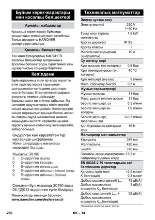– 14 
Бұйым керек-жарақтары 
мен қосалқы бөлшектері 
Арнайы жабдықтар 
Қосымша керек-жарақ бұйымды 
қолданудың мүмкіндіктерін кеңейтеді. 
Толық ақпаратты KÄRCHER 
дилеріңізден алыңыз. 
Қосалқы бөлшектер 
Тек қана түпнұсқалық KARCHER 
қосалқы бөлшектер қолданыңыз. 
Қосалқы бөлшектердің суреттемесі осы 
нұсқаулықтың соңында берілген. 
Кепілдеме 
Бұйымдарымыз үшін əр елде жауапты 
өтім серіктестеріміз тарапынан 
шығарылатын кепілдеме шарттары 
күште болады. Егер материалдардың 
ақаулығы немесе дайындау 
барысындағы қателіктер табылса, біз 
ықтимал ақаулықтарды кепіл мерзімі 
ішінде ақысыз жөндейміз. Кепіл мерзімі 
ішінде наразылықтарыңыз болса, аспап- 
ты сатқан сауда мекемесіне немесе 
жақындағы өкілетті сервистік қызмет 
көрсету орнына сатып алу чегін көрсетіп, 
хабарласыңыз. 
Өндірілген күні көрсетілген түр 
кестесінде шифрланған 
. 
: 
: 30190 
3 
0 
1 
9 
Сонымен бұл мысалда 30190 коды 
09 /(2)013 өндірілген күнін білдіреді 
Мекенжайлар төменде берілген: 
www.kaercher.com/dealersearch 
. 
Жеке сандардың мағынасы 
келесідей болады 
Мысалы 
Өндірілген жылы 
Өндірілген ғасыры 
Өндірілген онжылдық 
Өндірілген айының екінші саны 
Өндірілген айының бірінші 
саны 
0 
Техникалық мағлұматтар 
Электр қуатқа қосу 
Электр кернеуі 230 
1~50 
V 
Hz 
Тоққа қосу туралы 
мəліметтер 
1,8 kW 
Қорғау дəрежесі IP X5 
Қорғау классы I 
Желілік сақтандырғыш 
(инерциялы) 
10 A 
Су жеткізу жері 
Құю қысымы (ең жоғарғы) 0,8 бар 
Құю температурасы (ең 
40 °C 
жоғарғы) 
Құю мөлшері (ең азы) 9л/мин 
Макс. сорғылау биіктігі 0,5 м 
Жұмыс параметрлері 
Жұмыс қысымы 11 бар 
Макс. рұқсат етілген қысым 13 бар 
Беріліс мөлшері, су 6,3 л/мин 
Беріліс мөлшері ең 
7,0 л/мин 
жоғарғы 
Беріліс мөлшері, 
тазалағыш зат 
0-0,3 л/мин 
Қол бүріккішінің қайтарым 
күші 
16 N 
Мөлшерлер мен салмақтар 
Ұзындығы 349 мм 
Жалпақтығы 426мм 
Биіктігі 878 мм 
Салмағы, керек-жарақтармен 
15,3 кг 
пайдалануға дайын күйде 
EN 60335-2-79 талаптарына сай 
белгіленген деректер 
Қолдағы діріл мəні 
2,5 
K белгісіздігі 
0,3 
м/сек2 
м/сек2 
Дыбыс қысымы деңгейі LpA 
Дыбыс қысымының 
өлшеуінің KpA белгісіздігі 
75 
3 
дБ(A) 
дБ(A) 
Дыбыс күші деңгейі LWA + 
Дыбыс қысымының 
өлшеуінің KWAбелгісіздігі 
92 дБ(A) 
Техникалық өзгерістер рұқсат етілген. 
290 KK 
 