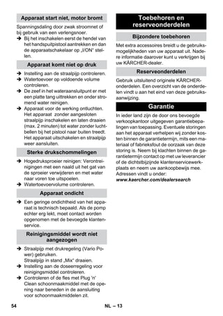 – 13 
Spanningsdaling door zwak stroomnet of 
bij gebruik van een verlengsnoer. 
 Bij het inschakelen eerst de hendel van 
het handspuitpistool aantrekken en dan 
de apparaatschakelaar op „I/ON“ stel-len. 
 Instelling aan de straalpijp controleren. 
 Watertoevoer op voldoende volume 
controleren. 
 De zeef in het wateraansluitpunt er met 
een platte tang uittrekken en onder stro-mend 
water reinigen. 
 Apparaat voor de werking ontluchten. 
Het apparaat zonder aangesloten 
straalpijp inschakelen en laten draaien 
(max. 2 minuten) tot water zonder lucht-bellen 
bij het pistool naar buiten treedt. 
Het apparaat uitschakelen en straalpijp 
weer aansluiten. 
 Hogedruksproeier reinigen: Verontrei-nigingen 
met een naald uit het gat van 
de sproeier verwijderen en met water 
naar voren toe uitspoelen. 
 Watertoevoervolume controleren. 
 Een geringe ondichtheid van het appa-raat 
is technisch bepaald. Als de pomp 
echter erg lekt, moet contact worden 
opgenomen met de bevoegde klanten-service. 
 Straalpijp met drukregeling (Vario Po-wer) 
gebruiken. 
Straalpijp in stand „Mix“ draaien. 
 Instelling aan de doseerregeling voor 
reinigingsmiddel controleren. 
 Controleren of de fles met Plug 'n' 
Clean schoonmaakmiddel met de ope-ning 
naar beneden in de aansluiting 
voor schoonmaakmiddelen zit. 
Met extra accessoires breidt u de gebruiks-mogelijkheden 
van uw apparaat uit. Nade-re 
informatie daarover kunt u verkrijgen bij 
uw KÄRCHER-dealer. 
Gebruik uitsluitend originele KÄRCHER-onderdelen. 
Een overzicht van de onderde-len 
vindt u aan het eind van deze gebruiks-aanwijzing. 
In ieder land zijn de door ons bevoegde 
verkoopkantoor uitgegeven garantiebepa-lingen 
van toepassing. Eventuele storingen 
aan het apparaat verhelpen wij zonder kos-ten 
binnen de garantietermijn, mits een ma-teriaal 
of fabrieksfout de oorzaak van deze 
storing is. Neem bij klachten binnen de ga-rantietermijn 
contact op met uw leverancier 
of de dichtstbijzijnde klantenservicewerk-plaats 
en neem uw aankoopbewijs mee. 
Adressen vindt u onder: 
www.kaercher.com/dealersearch 
Apparaat start niet, motor bromt 
Apparaat komt niet op druk 
Sterke drukschommelingen 
Apparaat ondicht 
Reinigingsmiddel wordt niet 
aangezogen 
Toebehoren en 
reserveonderdelen 
Bijzondere toebehoren 
Reserveonderdelen 
Garantie 
54 NL 
 