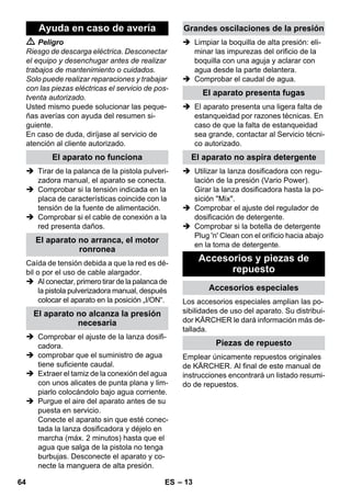 – 13 
 Peligro 
Riesgo de descarga eléctrica. Desconectar 
el equipo y desenchugar antes de realizar 
trabajos de mantenimiento o cuidados. 
Solo puede realizar reparaciones y trabajar 
con las piezas eléctricas el servicio de pos-tventa 
autorizado. 
Usted mismo puede solucionar las peque-ñas 
averías con ayuda del resumen si-guiente. 
En caso de duda, diríjase al servicio de 
atención al cliente autorizado. 
 Tirar de la palanca de la pistola pulveri-zadora 
manual, el aparato se conecta. 
 Comprobar si la tensión indicada en la 
placa de características coincide con la 
tensión de la fuente de alimentación. 
 Comprobar si el cable de conexión a la 
red presenta daños. 
Caída de tensión debida a que la red es dé-bil 
o por el uso de cable alargador. 
 Al conectar, primero tirar de la palanca de 
la pistola pulverizadora manual, después 
colocar el aparato en la posición „I/ON“. 
 Comprobar el ajuste de la lanza dosifi-cadora. 
 comprobar que el suministro de agua 
tiene suficiente caudal. 
 Extraer el tamiz de la conexión del agua 
con unos alicates de punta plana y lim-piarlo 
colocándolo bajo agua corriente. 
 Purgue el aire del aparato antes de su 
puesta en servicio. 
Conecte el aparato sin que esté conec-tada 
la lanza dosificadora y déjelo en 
marcha (máx. 2 minutos) hasta que el 
agua que salga de la pistola no tenga 
burbujas. Desconecte el aparato y co-necte 
la manguera de alta presión. 
 Limpiar la boquilla de alta presión: eli-minar 
las impurezas del orificio de la 
boquilla con una aguja y aclarar con 
agua desde la parte delantera. 
 Comprobar el caudal de agua. 
 El aparato presenta una ligera falta de 
estanqueidad por razones técnicas. En 
caso de que la falta de estanqueidad 
sea grande, contactar al Servicio técni-co 
autorizado. 
 Utilizar la lanza dosificadora con regu-lación 
de la presión (Vario Power). 
Girar la lanza dosificadora hasta la po-sición 
Mix. 
 Comprobar el ajuste del regulador de 
dosificación de detergente. 
 Comprobar si la botella de detergente 
Plug 'n' Clean con el orificio hacia abajo 
en la toma de detergente. 
Los accesorios especiales amplian las po-sibilidades 
de uso del aparato. Su distribui-dor 
KÄRCHER le dará información más de-tallada. 
Emplear únicamente repuestos originales 
de KÄRCHER. Al final de este manual de 
instrucciones encontrará un listado resumi-do 
de repuestos. 
Ayuda en caso de avería 
El aparato no funciona 
El aparato no arranca, el motor 
ronronea 
El aparato no alcanza la presión 
necesaria 
Grandes oscilaciones de la presión 
El aparato presenta fugas 
El aparato no aspira detergente 
Accesorios y piezas de 
repuesto 
Accesorios especiales 
Piezas de repuesto 
64 ES 
 