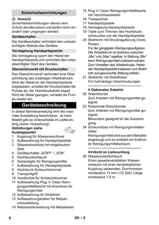 – 8 
 Vorsicht 
Sicherheitseinrichtungen dienen dem 
Schutz des Benutzers und dürfen nicht ver-ändert 
oder umgangen werden. 
Der Geräteschalter verhindert den unbeab-sichtigten 
Betrieb des Gerätes. 
Die Verriegelung sperrt den Hebel der 
Handspritzpistole und verhindert den unbe-absichtigten 
Start des Gerätes. 
Das Überströmventil verhindert eine Über-schreitung 
des zulässigen Arbeitsdrucks. 
Wird der Hebel an der Handspritzpistole 
losgelassen, schaltet der Druckschalter die 
Pumpe ab, der Hochdruckstrahl stoppt. 
Wird der Hebel gezogen, schaltet die Pum-pe 
wieder ein. 
In dieser Betriebsanleitung wird die maxi-male 
Ausstattung beschrieben. Je nach 
Modell gibt es Unterschiede im Lieferum-fang 
(siehe Verpackung). 
Abbildungen siehe 
Ausklappseite! 
1 Kupplung für Wasseranschluss 
2 Aufbewahrung für Handspritzpistole 
3 Wasseranschluss mit eingebautem 
Sieb 
4 Geräteschalter „0/OFF“ / „I/ON“ 
5 Hochdruckschlauch 
6 Dosierregler für Reinigungsmittel 
7 Aufbewahrung für Handspritzpistole 
8 Hochdruck-Schlauchtrommel 
9 Transportgriff 
10 Handkurbel für Schlauchtrommel 
11 Aufbewahrung Plug 'n' Clean Reini-gungsmittelflasche 
mit Anschluss für 
Reinigungsmittel 
12 Aufbewahrung für Strahlrohr 
13 Aufbewahrungshaken für Netzan-schlussleitung 
14 Netzanschlussleitung mit Netzstecker 
15 Plug 'n' Clean Reinigungsmittelflasche 
mit Verschlussdeckel 
16 Transportrad 
17 Handspritzpistole 
18 Verriegelung Handspritzpistole 
19 Taste zum Trennen des Hochdruck-schlauches 
von der Handspritzpistole 
20 Strahlrohr mit Druckregulierung (Vario 
Power) 
Für die gängigsten Reinigungsaufgaben. 
Der Arbeitsdruck ist stufenlos zwischen 
„Min“ und „Max“ regelbar. In Stellung „Mix“ 
kann Reinigungsmittel zudosiert werden. 
Zum Verstellen des Arbeitsdrucks, Hebel 
der Handspritzpistole loslassen und Strahl-rohr 
auf gewünschte Stellung drehen. 
21 Strahlrohr mit Dreckfräser 
Für hartnäckige Verschmutzungen 
———————————————– 
Optionales Zubehör 
22 Waschbürste 
Zum Arbeiten mit Reinigungsmittel ge-eignet. 
23 Rotierende Waschbürste 
Zum Arbeiten mit Reinigungsmittel ge-eignet. 
Besonders geeignet für die Autoreini-gung. 
24 Schaumdüse mit Reinigungsmittelbe-hälter 
Reinigungsmittel wird aus dem Behälter 
angesaugt und es entsteht ein kraftvol-ler 
Reinigungsmittelschaum. 
———————————————– 
Nicht im Lieferumfang 
25 Wasserzulaufschlauch 
Einen gewebeverstärkten Wasser-schlauch 
mit einer handelsüblichen 
Kupplung verwenden. Durchmesser 
mindestens 13 mm (1/2 Zoll); Länge 
mindestens 7,5 m. 
Sicherheitseinrichtungen 
Geräteschalter 
Verriegelung Handspritzpistole 
Überströmventil mit Druckschalter 
Gerätebeschreibung 
8 DE 
 