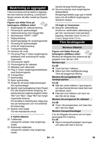 – 8 
I denna bruksanvisning beskrivs aggrega-tet 
med maximal utrustning. Leveransom-fånget 
varierar allt efter modell (se förpack-ningen). 
Figurer och bilder finns på 
kartongens utfällbara sidor! 
1 Kopplingsdel för vattenanslutning 
2 Förvaring för spolhandtaget 
3 Vattenanslutning med inbyggt filter 
4 Strömbrytare 0/OFF / I/ON 
5 Högtrycksslang 
6 Doseringsreglage för rengöringsmedel 
7 Förvaring för spolhandtaget 
8 Vinda för högtrycksslang 
9 Transporthandtag 
10 Handvev för vinda 
11 Förvaring Plug 'n' Clean rengöringsme-delsflaska 
med anslutning för rengö-ringsmedel 
12 Förvaring för stålrör 
13 Förvaringskrok för nätkabel 
14 Nätkabel med nätkontakt 
15 Plug 'n' Clean rengöringsmedelsflaska 
med förslutningslock 
16 Transporthjul 
17 Spolhandtag 
18 Spärr spolhandtag. 
19 Knapp för att lossa högtrycksslangen 
från spolhandtaget 
20 Spolrör med tryckreglering (Vario Power) 
För ofta förekommande rengöring. Ar-betstrycket 
kan regleras steglöst mellan 
Min och Max. I läge Mix kan rengö-ringsmedel 
doseras. 
För att ställa in arbetstrycket, släpp spa-ken 
på handsprutan och vrid strålröret 
till önskat läge. 
21 Spolrör med rotojet 
Vid hårt fastsittande smuts 
———————————————– 
Valfritt tillbehör 
22 Tvättborste 
Lämpad för arbeten med rengörings-medel. 
23 Roterande tvättborste 
Lämpad för arbeten med rengörings-medel. 
Särskilt lämpligt förbilrengöring. 
24 Skummunstycke med rengöringsme-delsbehållare 
Rengöringsmedlets sugs upp ur behål-laren 
och ett kraftfullt rengöringsme-delsskum 
skapas. 
———————————————– 
Ingår ej i leveransen 
25 Slang för vattentillförsel 
Använd en vävförstärkt vattenslang (in-går 
inte i leveransen) med standard-koppling. 
Diameter minst 13 mm (1/ 
2 tum); längd minst 7,5 m). 
Figurer och bilder finns på 
kartongens utfällbara sidor! 
Montera de bifogade lösa delarna på ag-gregatet 
innan det tas i drift. 
Bild 
 Tryck fast hjul i hållarna. 
 Säkra hjul med medföljande plugg. 
Tänk på pluggarnas riktning. 
Bild 
 Sätt den nedre hållaren i öppningarna 
och skjut framåt tills den hakar fast med 
ett hörbart „klick“. 
 Fäst den övre hållaren och tryck ner 
den tills det tar stopp. 
Bild 
 Tryck i förvaringskroken och haka fast 
den i det övre läget. 
2 av de bifogade skruvarna och en kryss-pårsmejsel 
PH 2 behövs. 
Bild 
 Skjut in transporthandtaget i styrningen 
och säkra det med 2 skruvar. 
Beskrivning av aggregatet 
Före ibruktagande 
Montera tillbehör 
Montera hjul 
Montera förvaringsfästet för 
handsprutpistol 
Montera förvaringskrok för nätkabel 
Montera transporthandtaget 
SV 99 
 