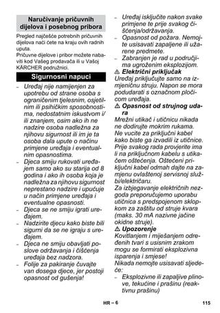 – 6 
Pregled najčešće potrebnih pričuvnih 
dijelova naći ćete na kraju ovih radnih 
uputa. 
Pričuvne dijelove i pribor možete naba-viti 
kod Vašeg prodavača ili u Vašoj 
KÄRCHER podružnici. 
– Uređaj nije namijenjen za 
upotrebu od strane osoba s 
ograničenim tjelesnim, osjetil-nim 
ili psihičkim sposobnosti-ma, 
nedostatnim iskustvom i/ 
ili znanjem, osim ako ih ne 
nadzire osoba nadležna za 
njihovu sigurnost ili im je ta 
osoba dala upute o načinu 
primjene uređaja i eventual-nim 
opasnostima. 
– Djeca smiju rukovati uređa-jem 
samo ako su starija od 8 
godina i ako ih osoba koja je 
nadležna za njihovu sigurnost 
neprestano nadzire i upućuje 
u način primjene uređaja i 
eventualne opasnosti. 
– Djeca se ne smiju igrati ure-đajem. 
– Nadzirite djecu kako biste bili 
sigurni da se ne igraju s ure-đajem. 
– Djeca ne smiju obavljati po-slove 
održavanja i čišćenja 
uređaja bez nadzora. 
– Folije za pakiranje čuvajte 
van dosega djece, jer postoji 
opasnost od gušenja! 
– Uređaj isključite nakon svake 
primjene te prije svakog či-šćenja/ 
održavanja. 
– Opasnost od požara. Nemoj-te 
usisavati zapaljene ili uža-rene 
predmete. 
– Zabranjen je rad u područji-ma 
ugroženim eksplozijom. 
 Električni priključak 
Uređaj priključujte samo na iz-mjeničnu 
struju. Napon se mora 
podudarati s označnom ploči-com 
uređaja. 
 Opasnost od strujnog uda-ra 
Mrežni utikač i utičnicu nikada 
ne dodirujte mokrim rukama. 
Ne vucite za priključni kabel 
kako biste ga izvadili iz utičnice. 
Prije svakog rada provjerite ima 
li na priključnom kabelu s utika-čem 
oštećenja. Oštećeni pri-ključni 
kabel odmah dajte na za-mjenu 
ovlaštenoj servisnoj služ-bi/ 
električaru. 
Za izbjegavanje električnih nez-goda 
preporučujemo uporabu 
utičnica s predspojenom sklop-kom 
za zaštitu od struje kvara 
(maks. 30 mA nazivne jačine 
okidne struje). 
 Upozorenje 
Kovitlanjem i miješanjem odre-đenih 
tvari s usisnim zrakom 
mogu se formirati eksplozivna 
isparenja i smjese! 
Nikada nemojte usisavati sljede-će: 
– Eksplozivne ili zapaljive plino-ve, 
tekućine i prašinu (reak-tivnu 
prašinu) 
Naručivanje pričuvnih 
dijelova i posebnog pribora 
Sigurnosni napuci 
HR 115 
 