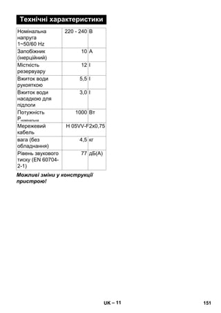 – 11 
Технічні характеристики 
Номінальна 
220 - 240 В 
напруга 
1~50/60 Hz 
Запобіжник 
(інерційний) 
10 A 
Місткість 
резервуару 
12 l 
Вжиток води 
рукояткою 
5,5 l 
Вжиток води 
насадкою для 
підлоги 
3,0 l 
Потужність 
Pномінальна 
1000 Вт 
Мережевий 
кабель 
H 05VV-F2x0,75 
вага (без 
обладнання) 
4,5 кг 
Рівень звукового 
тиску (EN 60704- 
2-1) 
77 дБ(А) 
Можливі зміни у конструкції 
пристрою! 
UK 151 
 