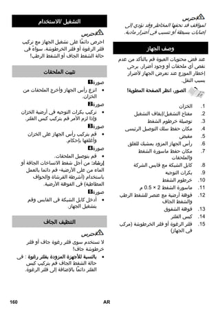 احترس 
لمواقف قد تحفها المخاطر وقد تؤدي إلى 
إصابات بسيطة أو تتسبب في أضرار مادية. 
وصف الجهاز 
عند فض محتويات العبوة قم بالتأكد من عدم 
نقص أي ملحقات أو وجود أضرار. يرجى 
إخطار الموزع عند تعرض الجهاز لأضرار 
بسبب النقل. 
الصور، انظر الصفحة المطوية! 
1. الخزان 
2. مفتاح التشغيل/إيقاف التشغيل 
3. توصيلة خرطوم الشفط 
4. مكان حفظ سلك التوصيل الرئيسي 
5. مقبض 
6. رأس الجهاز المزود بمشبك للغلق 
7. مكان حفظ ماسورة الشفط 
والملحقات 
8. كابل الشبكة مع قابس الشركة 
9. بكرات التوجيه 
10 . خرطوم الشفط 
3.0 م × 11 . ماسورة الشفط 2 
12 . فوهة أرضية مع عنصر للشفط الرطب 
والشفط الجاف 
13 . فوهة الشقوق 
14 . كيس الفلتر 
15 . فلتر الرغوة أو فلتر الخرطوشة )مركب 
في الجهاز( 
التشغيل /الاستخدام 
احترس 
احرص دائمًا على تشغيل الجهاز مع تركيب 
فلتر الرغوة أو فلتر الخرطوشة، سواءً في 
حالة الشفط الجاف أو الشفط الرطب! 
تثبيت الملحقات 
صورة 
انزع رأس الجهاز وأخرج الملحقات من  
الخزان. 
صورة 
تركيب بكرات التوجيه في أرضية الخزان  
وإذا لزم الأمر قم بتركيب كيس الفلتر. 
صورة 
قم بتركيب رأس الجهاز على الخزان  
وأغلقها بإحكام. 
صورة 
قم بتوصيل الملحقات.  
إرشاد: من أجل شفط الاتساخات الجافة أو 
الماء من على الأرضية- قم دائما بالعمل 
باستخدام )أشرطة الفرشاة والحواف 
المطاطية( في الفوهة الأرضية. 
صورة 
أدخل كابل الشبكة في القابس وقم  
بتشغيل الجهاز. 
التنظيف الجاف 
احترس 
لا تستخدم سوى فلتر رغوة جاف أو فلتر 
خرطوشة جاف! 
بالنسبة للأجهزة المزودة بفلتر رغوة : في  
حالة الشفط الجاف قم بتركيب كيس 
الفلتر دائماً بالإضافة إلى فلتر الرغوة. 
160 AR 
 