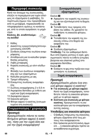 – 8 
Κατά τον άνοιγμα της συσκευασίας, 
ελέγξτε το περιεχόμενο για τυχόν ελλεί- 
ψεις σε εξαρτήματα ή γιαβλάβες. Σε 
περίπτωση ζημιών που προκλήθηκαν 
από τη μεταφορά, παρακαλείσθε να 
πληροφορήσετε αμέσως το κατάστη- 
μα, από το οποίο αγοράσατε το μηχά- 
νημα. 
Εικόνες, βλ. αναδιπλούμε- 
νη σελίδα! 
1 Κάδος 
2 Διακόπτης ενεργοποίησης/απενερ- 
γοποίησης (On/Off) 
3 Σύνδεση εύκαμπτου σωλήνα αναρ- 
ρόφησης 
4 Αποθήκευση για το καλώδιο τροφο- 
δοσίας ρεύματος 
5 Λαβή μεταφοράς 
6 Κεφαλή συσκευής με κλιπ κλείδω- 
σης 
7 Φύλαξη των σωλήνων αναρρόφη- 
σης και των εξαρτημάτων 
8 Καλώδιο ρεύματος με φις 
9 Τροχοί οδήγησης 
10 Εύκαμπτος σωλήνας αναρρόφη- 
σης 
11 Σωλήνες αναρρόφησης 2 x 0,5 m 
12 Ακροφύσιο δαπέδου με ένθετο για 
υγρή και ξηρή αναρρόφηση 
13 Ακροφύσιο αρμών 
14 Σακούλα φίλτρου 
15 Φίλτρο αφρού ή κασέτας (ενσωμα- 
τωμένο στη συσκευή) 
Προσοχή 
Χρησιμοποιείτε πάντα το τοπο- 
θετημένο φίλτρο αφρού ή κασέ- 
τας, τόσο για την υγρή όσο και 
για την ξηρή αναρρόφηση! 
Εικόνα 
 Αφαιρέστε την κεφαλή της συσκευ- 
ής και τον εξοπλισμό από το δοχείο. 
Εικόνα 
 Τοποθετήστε τους τροχούς στη 
βάση του κάδου. Αν χρειαστεί το- 
ποθετήστε τη σακούλα φίλτρου. 
Εικόνα 
 Τοποθετήστε την κεφαλή της συ- 
σκευής επάνω στο δοχείο και 
ασφαλίστε την. 
Εικόνα 
 Σύνδεση εξαρτημάτων. 
Υπόδειξη: Για τον καθαρισμό δαπέ- 
δων από ξηρούς ρύπους ή νερό, χρη- 
σιμοποιείτε πάντα το ένθετο (επιμήκη 
βούρτσα και ελαστικό χείλος) στο 
ακροφύσιο δαπέδου. 
Εικόνα 
 Εισάγετε το φις στην πρίζα και ενερ- 
γοποιήστε τη συσκευή. 
Προσοχή 
Χρησιμοποιείτε μόνον ένα στε- 
γνό φίλτρο αφρού ή κασέτας! 
 Για συσκευές με φίλτρο αφρού: 
Κατά την ξηρή αναρρόφηση, τοπο- 
θετείτε πάντα τη σακούλα φίλτρου 
μαζί με το φίλτρο αφρού. 
 Σύσταση για συσκευές με φίλτρο 
κασέτας: Χρησιμοποιείτε τη σα- 
κούλα φίλτρου για την αναρρόφηση 
λεπτής σκόνης. 
– Ο βαθμός πλήρωσης της σακούλας 
φίλτρου εξαρτάται από τους ρύ- 
πους που αναρροφώνται. 
– Εάν πρόκειται για λεπτή σκόνη, άμμο 
κτλ. ... η σακούλα φίλτρου πρέπει να 
αντικαθίσταται συχνότερα. 
Περιγραφή συσκευής 
Eνεργοποίηση / χειρισμός 
Συναρμολόγηση 
εξαρτημάτων 
Ξηρή αναρρόφηση 
Υποδείξεις για σακούλα φίλτρου 
68 EL 
 