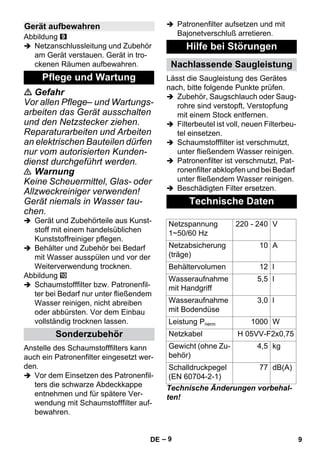 – 9 
Abbildung 
 Netzanschlussleitung und Zubehör 
am Gerät verstauen. Gerät in tro-ckenen 
Räumen aufbewahren. 
 Gefahr 
Vor allen Pflege– und Wartungs-arbeiten 
das Gerät ausschalten 
und den Netzstecker ziehen. 
Reparaturarbeiten und Arbeiten 
an elektrischen Bauteilen dürfen 
nur vom autorisierten Kunden-dienst 
durchgeführt werden. 
 Warnung 
Keine Scheuermittel, Glas- oder 
Allzweckreiniger verwenden! 
Gerät niemals in Wasser tau-chen. 
 Gerät und Zubehörteile aus Kunst-stoff 
mit einem handelsüblichen 
Kunststoffreiniger pflegen. 
 Behälter und Zubehör bei Bedarf 
mit Wasser ausspülen und vor der 
Weiterverwendung trocknen. 
Abbildung 
 Schaumstofffilter bzw. Patronenfil-ter 
bei Bedarf nur unter fließendem 
Wasser reinigen, nicht abreiben 
oder abbürsten. Vor dem Einbau 
vollständig trocknen lassen. 
Anstelle des Schaumstofffilters kann 
auch ein Patronenfilter eingesetzt wer-den. 
 Vor dem Einsetzen des Patronenfil-ters 
die schwarze Abdeckkappe 
entnehmen und für spätere Ver-wendung 
mit Schaumstofffilter auf-bewahren. 
 Patronenfilter aufsetzen und mit 
Bajonetverschluß arretieren. 
Lässt die Saugleistung des Gerätes 
nach, bitte folgende Punkte prüfen. 
 Zubehör, Saugschlauch oder Saug-rohre 
sind verstopft, Verstopfung 
mit einem Stock entfernen. 
 Filterbeutel ist voll, neuen Filterbeu-tel 
einsetzen. 
 Schaumstofffilter ist verschmutzt, 
unter fließendem Wasser reinigen. 
 Patronenfilter ist verschmutzt, Pat-ronenfilter 
abklopfen und bei Bedarf 
unter fließendem Wasser reinigen. 
 Beschädigten Filter ersetzen. 
Technische Änderungen vorbehal-ten! 
Gerät aufbewahren 
Pflege und Wartung 
Sonderzubehör 
Hilfe bei Störungen 
Nachlassende Saugleistung 
Technische Daten 
Netzspannung 
1~50/60 Hz 
220 - 240 V 
Netzabsicherung 
(träge) 
10 A 
Behältervolumen 12 l 
Wasseraufnahme 
mit Handgriff 
5,5 l 
Wasseraufnahme 
mit Bodendüse 
3,0 l 
Leistung Pnenn 1000 W 
Netzkabel H 05VV-F2x0,75 
Gewicht (ohne Zu-behör) 
4,5 kg 
Schalldruckpegel 
(EN 60704-2-1) 
77 dB(A) 
DE 9 
 