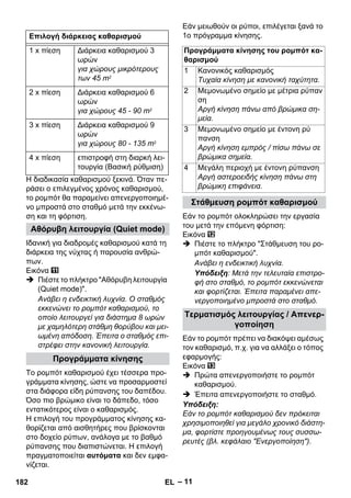 – 11 
Η διαδικασία καθαρισμού ξεκινά. Όταν πε- 
ράσει ο επιλεγμένος χρόνος καθαρισμού, 
το ρομπότ θα παραμείνει απενεργοποιημέ- 
νο μπροστά στο σταθμό μετά την εκκένω- 
ση και τη φόρτιση. 
Ιδανική για διαδρομές καθαρισμού κατά τη 
διάρκεια της νύχτας ή παρουσία ανθρώ- 
πων. 
Εικόνα 
 Πιέστε το πλήκτρο Αθόρυβη λειτουργία 
(Quiet mode). 
Ανάβει η ενδεικτική λυχνία. Ο σταθμός 
εκκενώνει το ρομπότ καθαρισμού, το 
οποίο λειτουργεί για διάστημα 8 ωρών 
με χαμηλότερη στάθμη θορύβου και μει- 
ωμένη απόδοση. Έπειτα ο σταθμός επι- 
στρέφει στην κανονική λειτουργία. 
Το ρομπότ καθαρισμού έχει τέσσερα προ- 
γράμματα κίνησης, ώστε να προσαρμοστεί 
στα διάφορα είδη ρύπανσης του δαπέδου. 
Όσο πιο βρώμικο είναι το δάπεδο, τόσο 
εντατικότερος είναι ο καθαρισμός. 
Η επιλογή του προγράμματος κίνησης κα- 
θορίζεται από αισθητήρες που βρίσκονται 
στο δοχείο ρύπων, ανάλογα με το βαθμό 
ρύπανσης που διαπιστώνεται. Η επιλογή 
πραγματοποιείται αυτόματα και δεν εμφα- 
νίζεται. 
Εάν μειωθούν οι ρύποι, επιλέγεται ξανά το 
1ο πρόγραμμα κίνησης. 
Εάν το ρομπότ ολοκληρώσει την εργασία 
του μετά την επόμενη φόρτιση: 
Εικόνα 
 Πιέστε το πλήκτρο Στάθμευση του ρο- 
μπότ καθαρισμού. 
Ανάβει η ενδεικτική λυχνία. 
Υπόδειξη: Μετά την τελευταία επιστρο- 
φή στο σταθμό, το ρομπότ εκκενώνεται 
και φορτίζεται. Έπειτα παραμένει απε- 
νεργοποιημένο μπροστά στο σταθμό. 
Εάν το ρομπότ πρέπει να διακόψει αμέσως 
τον καθαρισμό, π.χ. για να αλλάξει ο τόπος 
εφαρμογής: 
Εικόνα 
 Πρώτα απενεργοποιήστε το ρομπότ 
καθαρισμού. 
 Έπειτα απενεργοποιήστε το σταθμό. 
Υπόδειξη: 
Εάν το ρομπότ καθαρισμού δεν πρόκειται 
χρησιμοποιηθεί για μεγάλο χρονικό διάστη- 
μα, φορτίστε προηγουμένως τους συσσω- 
ρευτές (βλ. κεφάλαιο Ενεργοποίηση). 
Επιλογή διάρκειας καθαρισμού 
1 x πίεση Διάρκεια καθαρισμού 3 
ωρών 
για χώρους μικρότερους 
των 45 m2 
2 x πίεση Διάρκεια καθαρισμού 6 
ωρών 
για χώρους 45 - 90 m2 
3 x πίεση Διάρκεια καθαρισμού 9 
ωρών 
για χώρους 80 - 135 m2 
4 x πίεση επιστροφή στη διαρκή λει- 
τουργία (Βασική ρύθμιση) 
Αθόρυβη λειτουργία (Quiet mode) 
Προγράμματα κίνησης 
Προγράμματα κίνησης του ρομπότ κα- 
θαρισμού 
1 Κανονικός καθαρισμός 
Τυχαία κίνηση με κανονική ταχύτητα. 
2 Μεμονωμένο σημείο με μέτρια ρύπαν 
ση 
Αργή κίνηση πάνω από βρώμικα ση- 
μεία. 
3 Μεμονωμένο σημείο με έντονη ρύ 
πανση 
Αργή κίνηση εμπρός / πίσω πάνω σε 
βρώμικα σημεία. 
4 Μεγάλη περιοχή με έντονη ρύπανση 
Αργή αστεροειδής κίνηση πάνω στη 
βρώμικη επιφάνεια. 
Στάθμευση ρομπότ καθαρισμού 
Τερματισμός λειτουργίας / Απενερ- 
γοποίηση 
182 EL 
 