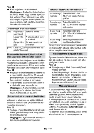 – 10 
Ábra 
 Kapcsolja be a takarítórobotot. 
Megjegyzés: A takarítórobot először a 
bázishoz megy, hogy kiürítse a porzsá-kot, 
valamint hogy ellenőrizze az akku 
töltöttségi szintjét és amennyiben szük-séges, 
feltöltse azt. Ezután a takarítóro-bot 
elkezdi a takarítást. 
Ha a takarítórobotot teljesen lemerült akku-mulátorral 
kapcsolja be, a készülék semmi-lyen 
funkciót nem mutat. Ekkor az üzembe 
helyezés érdekében a következőket tegye: 
Ábra 
 Helyezze a takarítórobotot a bázisra és 
a robot töltőérintkezőit kb. 60 másod-percig 
nyomja a bázis töltőérintkezői-hez, 
eközben leszívja a porzsákot. 
 Tegye most a takarítórobotot 50 cm-re 
a bázis elé, majd kapcsolja be. 
Megjegyzés: A takarítórobot automati-kusan 
rágurul a bázisra és töltődni 
kezd. A töltési idő kb. 60 perc. 
Válassza ki a bázison az alábbi táblázat 
alapján a tisztítási időt. (Alapbeállítás: fo-lyamatos 
üzemmód). 
Ábra 
 Tartsa a „Takarítás időtartamának beál-lítása” 
gombot benyomva, amíg eléri a 
kívánt időtartalmat. 
Megjegyzés: A jelzőlámpák a kiválasz-tott 
tisztítási időtartamot mutatják. 
Elkezdődik a takarítási eljárás. A takarítási 
idő lejárta után a bázis előtt, kiürítve és fel-töltve, 
megáll a takarítórobot. 
Éjszaka történő működtetéshez, illetve ab-ban 
az esetben, ha más is jelen van a he-lyiségben, 
ideális. 
Ábra 
 Nyomja meg a „Halk üzemmód (Quiet 
mode)“ gombot. 
A jelzőlámpa világít. A bázis kiüríti a ta-karítórobotot, 
8 órán át dolgozik, csök-kentett 
zajszinttel és csökkentett 
teljesítménnyel. Ezután a bázis vissza-kapcsol 
normál üzemmódra. 
A takarítórobotnak négy menetprogramja 
van, így tud a padló különböző szennyező-déseihez 
igazodni. Minél piszkosabb a 
padló, annál intenzívebben takarítja. 
A menetprogramok kiválasztása a porzsá-kon 
található érzékelők segítségével, az ér-zékelt 
szennyezettségi szinttől függően 
történik. A kiválasztás automatikusan tör-ténik 
és nem jelzi ki. 
Ha csökken a szennyezettség, akkor ismét 
visszakapcsol az 1. menetprogramra. 
Jelzőlámpák a takarítóroboton 
zöld Folyamato-san 
világít 
Takarító menet 
Lassú villo-gás 
A takarítórobot kere-si 
a bázist 
Gyors villo-gás 
Az akkumulátorok 
töltődnek 
piros Lásd az „Üzemzavarelhárítási se-gítség“ 
fejezetet 
Üzembevétel hosszabb állási szünet 
után vagy üres akkumulátor esetén 
Takarítás időtartamának beállítása 
Takarítás időtartamának beállítása 
1-szeri meg-nyomás- 
Takarítási idő 3 óra 
45 m2-nél kisebb helyisé-gekben 
2-szeri meg-nyomás 
Takarítási idő 6 óra 
45 - 90 m2 közötti helyisé-gek 
esetén 
3-szor meg-nyomás 
Takarítási idő 9 óra 
80 - 135 m2 közötti helyisé-gek 
esetén 
4-szer meg-nyomás 
ismét folyamatos üzem-mód 
(alap beállítás) 
Halk üzemmód (Quiet mode) 
Menetprogramok 
254 HU 
 