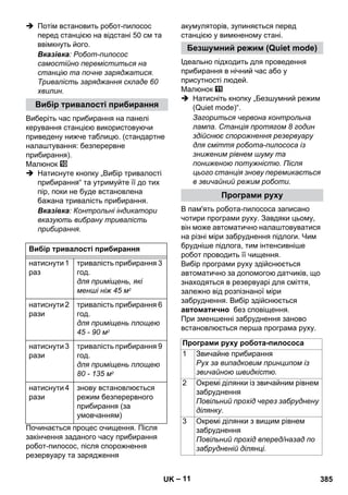 – 11 
 Потім встановить робот-пилосос 
перед станцією на відстані 50 см та 
ввімкнуть його. 
Вказівка: Робот-пилосос 
самостійно переміститься на 
станцію та почне заряджатися. 
Тривалість заряджання складе 60 
хвилин. 
Виберіть час прибирання на панелі 
керування станцією використовуючи 
приведену нижче таблицю. (стандартне 
налаштування: безперервне 
прибирання). 
Малюнок 
 Натиснуте кнопку „Вибір тривалості 
прибирання“ та утримуйте її до тих 
пір, поки не буде встановлена 
бажана тривалість прибирання. 
Вказівка: Контрольні індикатори 
вказують вибрану тривалість 
прибирання. 
Починається процес очищення. Після 
закінчення заданого часу прибирання 
робот-пилосос, після спорожнення 
резервуару та зарядження 
акумуляторів, зупиняється перед 
станцією у вимкненому стані. 
Ідеально підходить для проведення 
прибирання в нічний час або у 
присутності людей. 
Малюнок 
 Натисніть кнопку „Безшумний режим 
(Quiet mode)“. 
Загориться червона контрольна 
лампа. Станція протягом 8 годин 
здійснює спорожнення резервуару 
для сміття робота-пилососа із 
зниженим рівнем шуму та 
пониженою потужністю. Після 
цього станція знову перемикається 
в звичайний режим роботи. 
В пам'ять робота-пилососа записано 
чотири програми руху. Завдяки цьому, 
він може автоматично налаштовуватися 
на різні міри забруднення підлоги. Чим 
брудніше підлога, тим інтенсивніше 
робот проводить її чищення. 
Вибір програми руху здійснюється 
автоматично за допомогою датчиків, що 
знаходяться в резервуарі для сміття, 
залежно від розпізнаної міри 
забруднення. Вибір здійснюється 
автоматично без сповіщення. 
При зменшенні забруднення заново 
встановлюється перша програма руху. 
Вибір тривалості прибирання 
Вибір тривалості прибирання 
натиснути 1 
раз 
тривалість прибирання 3 
год. 
для приміщень, які 
менші ніж 45 м2 
натиснути 2 
рази 
тривалість прибирання 6 
год. 
для приміщень площею 
45 - 90 м2 
натиснути 3 
рази 
тривалість прибирання 9 
год. 
для приміщень площею 
80 - 135 м2 
натиснути 4 
рази 
знову встановлюється 
режим безперервного 
прибирання (за 
умовчанням) 
Безшумний режим (Quiet mode) 
Програми руху 
Програми руху робота-пилососа 
1 Звичайне прибирання 
Рух за випадковим принципом із 
звичайною швидкістю. 
2 Окремі ділянки із звичайним рівнем 
забруднення 
Повільний прохід через забруднену 
ділянку. 
3 Окремі ділянки з вищим рівнем 
забруднення 
Повільний прохід вперед/назад по 
забрудненій ділянці. 
UK 385 
 
