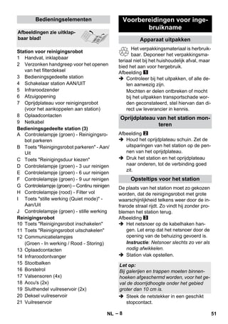 – 8 
1 Handvat, inklapbaar 
2 Verzonken handgreep voor het openen 
van het filterdeksel 
3 Bedieningsgedeelte station 
4 Schakelaar station AAN/UIT 
5 Infraroodzender 
6 Afzuigopening 
7 Oprijdplateau voor reinigingsrobot 
(voor het aankoppelen aan station) 
8 Oplaadcontacten 
9 Netkabel 
Bedieningsgedeelte station (3) 
A Controlelampje (groen) - Reinigingsro-bot 
parkeren 
B Toets Reinigingsrobot parkeren - Aan/ 
Uit 
C Toets Reinigingsduur kiezen 
D Controlelampje (groen) - 3 uur reinigen 
E Controlelampje (groen) - 6 uur reinigen 
F Controlelampje (groen) - 9 uur reinigen 
G Controlelampje (groen) – Continu reinigen 
H Controlelampje (rood) - Filter vol 
I Toets stille werking (Quiet mode) - 
Aan/Uit 
J Controlelampje (groen) - stille werking 
Reinigingsrobot 
10 Toets Reinigingsrobot inschakelen 
11 Toets Reinigingsrobot uitschakelen 
12 Communicatielampjes 
(Groen - In werking / Rood - Storing) 
13 Oplaadcontacten 
14 Infraroodontvanger 
15 Stootbalken 
16 Borstelrol 
17 Valsensoren (4x) 
18 Accu's (2x) 
19 Sluithendel vuilreservoir (2x) 
20 Deksel vuilreservoir 
21 Vuilreservoir 
Het verpakkingsmateriaal is herbruik-baar. 
Deponeer het verpakkingsma-teriaal 
niet bij het huishoudelijk afval, maar 
bied het aan voor hergebruik. 
Afbeelding 
 Controleer bij het uitpakken, of alle de-len 
aanwezig zijn. 
Mochten er delen ontbreken of mocht 
bij het uitpakken transportschade wor-den 
geconstateerd, stel hiervan dan di-rect 
uw leverancier in kennis. 
Afbeelding 
 Houd het oprijdplateau schuin. Zet de 
uitsparingen van het station op de pen-nen 
van het oprijdplateau. 
 Druk het station en het oprijdplateau 
naar onderen, tot de verbinding goed 
zit. 
De plaats van het station moet zo gekozen 
worden, dat de reinigingsrobot met grote 
waarschijnlijkheid telkens weer door de in-frarode 
straal rijdt. Zo vindt hij zonder pro-blemen 
het station terug. 
Afbeelding 
 Het netsnoer op de kabelhaken han-gen. 
Let erop dat het netsnoer door de 
opening van de behuizing gevoerd is. 
Instructie: Netsnoer slechts zo ver als 
nodig afwikkelen. 
 Station vlak opstellen. 
 Steek de netstekker in een geschikt 
stopcontact. 
Bedieningselementen 
Afbeeldingen zie uitklap-baar 
blad! 
Station voor reinigingsrobot 
Voorbereidingen voor inge-bruikname 
Apparaat uitpakken 
Oprijdplateau van het station mon-teren 
Opsteltips voor het station 
Let op: 
Bij galerijen en trappen moeten binnen-hoeken 
afgeschermd worden, voor het ge-val 
de doorrijdhoogte onder het gebied 
groter dan 10 cm is. 
NL 51 
 