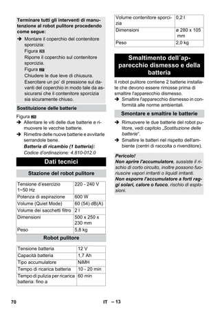 – 13 
Figura 
 Allentare le viti delle due batterie e ri-muovere 
le vecchie batterie. 
 Rimettre delle nuove batterie e avvitarle 
serrandole bene. 
Batteria di ricambio (1 batteria): 
Codice d’ordinazione: 4.810-012.0 
Il robot pulitore contiene 2 batterie installa-te 
che devono essere rimosse prima di 
smaltire l'apparecchio dismesso. 
 Smaltire l'apparecchio dismesso in con-formità 
alle norme ambientali. 
 Rimuovere le due batterie del robot pu-litore, 
vedi capitolo „Sostituzione delle 
batterie“. 
 Smaltire le batteri nel rispetto dell'am-biente 
(centri di raccolta o rivenditore). 
Terminare tutti gli interventi di manu-tenzione 
al robot pulitore procedendo 
come segue: 
 Montare il coperchio del contenitore 
sporcizia: 
Figura 
Riporre il coperchio sul contenitore 
sporcizia. 
Figura 
Chiudere le due leve di chiusura. 
Esercitare un po’ di pressione sul da-vanti 
del coperchio in modo tale da as-sicurarsi 
che il contenitore sporcizia 
sia sicuramente chiuso. 
Sostituizione delle batterie 
Dati tecnici 
Stazione del robot pulitore 
Tensione d’esercizio 
1~50 Hz 
220 - 240 V 
Potenza di aspirazione 600 W 
Volume (Quiet Mode) 60 (54) dB(A) 
Volume dei sacchetti filtro 2 l 
Dimensioni 500 x 250 x 
230 mm 
Peso 5,8 kg 
Robot pulitore 
Tensione batteria 12 V 
Capacità batteria 1,7 Ah 
Tipo accumulatore NiMH 
Tempo di ricarica batteria 10 - 20 min 
Tempo di pulizia per ricarica 
60 min 
batteria: fino a 
27 
28 
Volume contenitore sporci-zia 
0,2 l 
Dimensioni ø 280 x 105 
mm 
Peso 2,0 kg 
Smaltimento dell´ap-parecchio 
dismesso e della 
batteria 
Smontare e smaltire le batterie 
Pericolo! 
Non aprire l'accumulatore, sussiste il ri-schio 
di corto circuito, inoltre possono fuo-riuscire 
vapori irritanti o liquidi irritanti. 
Non esporre l'accumulatore a forti rag-gi 
solari, calore o fuoco, rischio di esplo-sioni. 
70 IT 
 