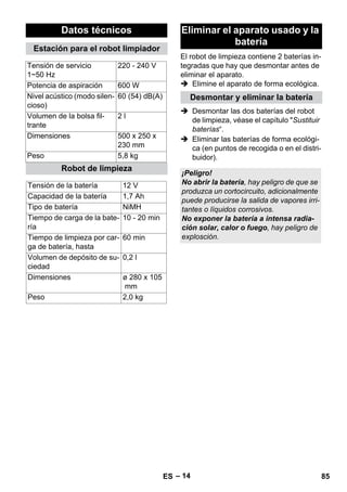 El robot de limpieza contiene 2 baterías in-tegradas 
– 14 
que hay que desmontar antes de 
eliminar el aparato. 
 Elimine el aparato de forma ecológica. 
 Desmontar las dos baterías del robot 
de limpieza, véase el capítulo Sustituir 
baterías“. 
 Eliminar las baterías de forma ecológi-ca 
(en puntos de recogida o en el distri-buidor). 
Datos técnicos 
Estación para el robot limpiador 
Tensión de servicio 
220 - 240 V 
1~50 Hz 
Potencia de aspiración 600 W 
Nivel acústico (modo silen-cioso) 
60 (54) dB(A) 
Volumen de la bolsa fil-trante 
2 l 
Dimensiones 500 x 250 x 
230 mm 
Peso 5,8 kg 
Robot de limpieza 
Tensión de la batería 12 V 
Capacidad de la batería 1,7 Ah 
Tipo de batería NiMH 
Tiempo de carga de la bate-ría 
10 - 20 min 
Tiempo de limpieza por car-ga 
de batería, hasta 
60 min 
Volumen de depósito de su-ciedad 
0,2 l 
Dimensiones ø 280 x 105 
mm 
Peso 2,0 kg 
Eliminar el aparato usado y la 
batería 
Desmontar y eliminar la batería 
¡Peligro! 
No abrir la batería, hay peligro de que se 
produzca un cortocircuito, adicionalmente 
puede producirse la salida de vapores irri-tantes 
o líquidos corrosivos. 
No exponer la batería a intensa radia-ción 
solar, calor o fuego, hay peligro de 
explosción. 
ES 85 
 