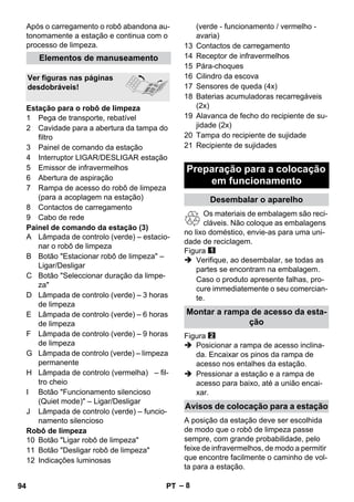 – 8 
Após o carregamento o robô abandona au-tonomamente 
a estação e continua com o 
processo de limpeza. 
1 Pega de transporte, rebatível 
2 Cavidade para a abertura da tampa do 
filtro 
3 Painel de comando da estação 
4 Interruptor LIGAR/DESLIGAR estação 
5 Emissor de infravermelhos 
6 Abertura de aspiração 
7 Rampa de acesso do robô de limpeza 
(para a acoplagem na estação) 
8 Contactos de carregamento 
9 Cabo de rede 
Painel de comando da estação (3) 
A Lâmpada de controlo (verde) – estacio-nar 
o robô de limpeza 
B Botão Estacionar robô de limpeza – 
Ligar/Desligar 
C Botão Seleccionar duração da limpe-za 
D Lâmpada de controlo (verde) – 3 horas 
de limpeza 
E Lâmpada de controlo (verde) – 6 horas 
de limpeza 
F Lâmpada de controlo (verde) – 9 horas 
de limpeza 
G Lâmpada de controlo (verde) – limpeza 
permanente 
H Lâmpada de controlo (vermelha) – fil-tro 
cheio 
I Botão Funcionamento silencioso 
(Quiet mode) – Ligar/Desligar 
J Lâmpada de controlo (verde) – funcio-namento 
silencioso 
Robô de limpeza 
10 Botão Ligar robô de limpeza 
11 Botão Desligar robô de limpeza 
12 Indicações luminosas 
(verde - funcionamento / vermelho - 
avaria) 
13 Contactos de carregamento 
14 Receptor de infravermelhos 
15 Pára-choques 
16 Cilindro da escova 
17 Sensores de queda (4x) 
18 Baterias acumuladoras recarregáveis 
(2x) 
19 Alavanca de fecho do recipiente de su-jidade 
(2x) 
20 Tampa do recipiente de sujidade 
21 Recipiente de sujidades 
Os materiais de embalagem são reci-cláveis. 
Não coloque as embalagens 
no lixo doméstico, envie-as para uma uni-dade 
de reciclagem. 
Figura 
 Verifique, ao desembalar, se todas as 
partes se encontram na embalagem. 
Caso o produto apresente falhas, pro-cure 
immediatemente o seu comercian-te. 
Figura 
 Posicionar a rampa de acesso inclina-da. 
Encaixar os pinos da rampa de 
acesso nos entalhes da estação. 
 Pressionar a estação e a rampa de 
acesso para baixo, até a união encai-xar. 
A posição da estação deve ser escolhida 
de modo que o robô de limpeza passe 
sempre, com grande probabilidade, pelo 
feixe de infravermelhos, de modo a permitir 
que encontre facilmente o caminho de vol-ta 
para a estação. 
Elementos de manuseamento 
Ver figuras nas páginas 
desdobráveis! 
Estação para o robô de limpeza 
Preparação para a colocação 
em funcionamento 
Desembalar o aparelho 
Montar a rampa de acesso da esta-ção 
Avisos de colocação para a estação 
94 PT 
 