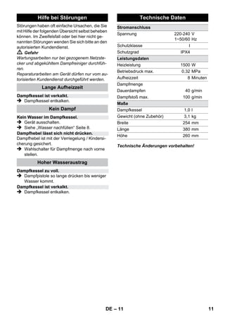 – 9 
Es wird empfohlen vor dem Einsatz des Dampf-reinigers 
den Boden zu kehren oder zu saugen. 
So wird der Boden bereits vor der Feuchtreini-gung 
von Schmutz/losen Partikeln befreit. 
Vor Behandlung mit dem Dampfreiniger bitte im-mer 
die Verträglichkeit der Textilien an verdeck-ter 
Stelle prüfen: Zuerst Eindampfen, dann 
trocknen lassen und anschließend auf Farb-oder 
Formveränderung prüfen. 
Beim Reinigen von lackierten oder kunststoffbe-schichteten 
Oberflächen wie z. B. Küchen- und 
Wohnmöbeln, Türen, Parkett können sich Wachs, 
Möbelpolitur, Kunststoffbeschichtungen oder Far-be 
lösen oder Flecken entstehen. Bei der Reini-gung 
dieser Oberflächen ein Tuch kurz eindamp-fen 
und damit über die Oberflächen wischen. 
Vorsicht 
Dampf nicht auf verleimte Kanten richten, da 
sich der Umleimer lösen könnte. Das Gerät nicht 
zum Reinigen von unversiegelten Holz- oder 
Parkettböden verwenden. 
Erwärmen Sie bei niedrigen Außentemperatu-ren, 
vor allem im Winter, die Fensterscheibe, in 
dem Sie die gesamte Glasoberfläche leicht ein-dampfen. 
So werden Spannungen an der Ober-fläche 
vermieden, die zu Glasbruch führen 
können. 
Anschließend die Fensterfläche mit Handdüse 
und Überzug reinigen. Verwenden Sie zum Ab-ziehen 
des Wassers einen Fensterabzieher oder 
wischen Sie die Flächen trocken. 
Vorsicht 
Dampf nicht auf die versiegelten Stellen des 
Fensterrahmens richten, um diese nicht zu be-schädigen. 
Sie können die Dampfpistole auch ohne Zubehör 
benutzen, zum Beispiel: 
– zum Beseitigen von Gerüchen und Falten 
aus hängenden Kleidungsstücken, indem 
Sie diese aus einer Entfernung von 10- 
20 cm bedampfen. 
– zum Entstauben von Pflanzen. Hierbei einen 
Abstand von 20-40 cm halten. 
– zum feuchten Staubwischen, indem ein 
Tuch kurz eingedampft wird und damit über 
Möbel gewischt wird. 
Je näher die Punktstrahldüse an der verschmut-zen 
Stelle ist, desto höher ist die Reinigungswir-kung, 
da Temperatur und Dampf am Düsenaus-tritt 
am höchsten sind. Besonders praktisch zur 
Reinigung von schwer zugänglichen Stellen, Fu-gen, 
Armaturen, Abflüssen, Waschbecken, 
WCs, Jalousien oder Heizkörpern. Starke Kalk-ablagerungen 
können vor dem Dampfreinigen 
mit Essig oder Zitronensäure beträufelt werden, 
5 Minuten einwirken lassen, danach abdampfen. 
Die Rundbürste kann als Ergänzung auf die 
Punktstrahldüse montiert werden. Durch Bürs-ten 
können damit hartnäckige Verschmutzungen 
leichter entfernt werden. 
Vorsicht 
Nicht geeignet zur Reinigung empfindlicher Flä-chen. 
 Abbildung 
Rundbürste auf Punktstrahldüse befestigen. 
Bitte den Frotteeüberzug über die Handdüse zie-hen. 
Besonders gut geeignet für kleine abwasch-bare 
Flächen, Duschkabinen und Spiegel. 
Geeignet für alle abwaschbaren Wand- und Bo-denbeläge, 
z. B. Steinböden, Fliesen und PVC-Böden. 
Arbeiten Sie auf stark verschmutzten 
Flächen langsam, damit der Dampf länger ein-wirken 
kann. 
Hinweis: Reinigungsmittelrückstände oder Pfle-geemulsionen, 
die sich noch auf der zu reinigen-den 
Fläche befinden, könnten bei der 
Dampfreinigung zu Schlieren führen, die bei 
mehrmaliger Anwendung aber verschwinden. 
 Abbildung 
Bodentuch an Bodendüse befestigen. 
1 Bodentuch längs falten und Bodendüse dar-auf 
stellen. 
2 Halteklammern öffnen. 
3 Tuchenden in die Öffnungen legen und fest 
spannen. 
4 Halteklammern schließen. 
Vorsicht 
Finger nicht zwischen die Klammern bringen. 
Anwendung des Zubehörs 
Wichtige Anwendungshinweise 
Bodenflächen reinigen 
Auffrischen von Textilien 
Reinigung von beschichteten oder lackierten 
Oberflächen 
Glasreinigung 
Dampfpistole 
Punktstrahldüse 
Rundbürste 
Handdüse 
Bodendüse 
DE 9 
 