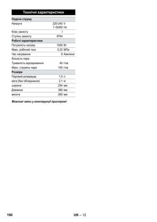 – 10 
Паровий пістолет можна використовувати без 
приналежностей, наприклад, для: 
– усунення запахів та складок на висячих 
предметах одягу при обробці з відстані 10-20 
см. 
– видалення пилу з рослин. Дотримуйтесь 
відстані 20-40 см. 
– для зволоження протиральної тканини. 
Швидко обробіть тканину парою та протріть 
нею меблі. 
Чим ближче забруднене місце, тим вище ефект 
чищення, оскільки найвища температура та вихід 
пари забезпечуються на виході з форсунки. 
Особливо підходить для очищення 
важкодоступних місць, стиків, арматур, стоків, 
раковин, туалетів, жалюзі або радіаторів опалення. 
Сильний вапняний наліт перед чищенням парою 
можливо збризнути оцтом або лимонною або 
лимонною кислотою, 5 хвилин дати подіяти, а після 
цього обробити парою. 
Круглу щітку можливо встановити на соплі 
крапкового струменя в якості доповнення. Завдяки 
чищенню щіткою є можливість легкого видалення 
стійких забруднень. 
Увага! 
Не призначена для очищення чутливих 
поверхонь. 
 Малюнок 
Зафіксувати круглу щітку на соплі крапкового 
струменя. 
Надягніть на ручну форсунку чохол з махрової 
тканини. Особливо добре пристосована для 
невеликих поверхонь, що миються, душових 
кабінок та дзеркал. 
Пристосована для всіх мийних стінних та полових 
покриттів, наприклад, кам'яних підлог, плитки та 
полівінілхлориду. На сильно забруднених 
поверхнях працюйте повільно для того, щоб 
збільшити тривалість дії пари. 
Примітка:Залишки засобу для чищення або 
емульсії для догляду, які залишаються на 
очищуваній поверхні, можуть при чищенні парою 
утворювати смуги, які видаляються при 
багаторазовому очищенні. 
 Малюнок 
Закріпити тканину для миття підлоги на 
форсунці для підлоги. 
1 Скласти тканину для миття підлоги вздовж та 
помістити на неї форсунку для підлоги. 
2 Відкрити затиски. 
3 Помістити кінці тканини в отвори. 
4 Закрити затиски. 
Увага! 
Не засовувати пальці між затисками. 
 Малюнок 
Під час перерви в роботі вставляти форсунку 
для підлоги в паркувальне кріплення. 
 Обережно! 
Проведення робіт з технічного обслуговування 
дозволяється тільки при вийнятий мережній 
вилці та остиглому пристрої для чищення парою. 
Промивайте резервуар парового сепаратара не 
пізніше кожного 10-го наповнення резервуар 
 Наповніть резервуар водою й інтенсивно 
струсіть його. За рахунок цього 
відокремлюються залишки накипу, що осіли на 
дні резервуара. 
 Вилийте воду. 
Паровий пістолет 
Форсунка точкового струменя 
Кругла щітка 
Ручна форсунка 
Форсунка для підлоги 
Паркування форсунки для підлоги 
Догляд та технічне обслуговування 
Промивання резервуара 
188 UK 
 