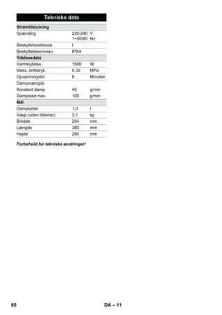 – 9 
Det anbefales at feje eller suge gulvet før brugen 
af damprenseren. På den måde fjernes tilsmuds-ning/ 
løse partikler allerede før vådrensningen. 
Inden tekstiler behandles med damprenseren, 
skal man altid kontrollere tekstilernes forligelig-hed 
et skjult sted: Afdamp tekstilernes først, lad 
tekstilerne tørre og kontroller så tekstilernes far-ve 
og form. 
Ved rengøring af lakerede/malede eller kunst-stofcoatede 
overflader som f.eks. køkken- og al-mindelige 
møbler, døre, parket kan der løsnes 
voks, møbelpolitur, kunststofcoating eller farve 
eller der kan opstå pletter. Ved rengøring af dis-se 
overflader damp ført en klud og visk med klu-den 
over overfladen. 
Forsigtig 
Dampen må ikke rettes mod limede kanter, det 
kan løsne limen. Renseren må ikke bruges til 
rengøring af uforseglede træ- eller parketgulve. 
Ved lave udendørstemperaturer, især om vinte-ren, 
bør ruden opvarmes idet hele glasoverfla-den 
afdampes. På den måde undgås 
spændinger på overfladen, som kan føre til et 
glasbrud. 
Rens derefter vinduet med hånddysen og over-træk. 
Brug rudeafstyrgeren til at fjerne vand eller 
tør overfladen med en klud. 
Forsigtig 
For at undgå skader, må dampen ikke rettes 
mod forseglede steder på vinduesrammen. 
Damppistolen kan også anvendes uden tilbehør, 
f.eks.: 
– til at fjerne lugter og folder fra hængende tøj idet 
tøjet afdampes med en afstand på 10-20 cm. 
– til afstøvning af planter. Overhold her en af-stand 
på 20-40 cm. 
– til våd fjernelse af støv idet kluden afdampes 
og derefter bruges til at rense møblerne. 
Jo nærmere dysen holdes imod de tilsmudsede 
steder, desto stærkere er rengøringseffekten for-di 
temperaturen og dampen er højest ved dy-sens 
udslip. Især praktisk til rengøring af 
utilgængelige steder, fuger, armaturer, afløb, va-skekummer, 
wc'er, persienner eller radiatorer. 
Før damprengøringen kan man dryppe eddike 
eller citronsyre på stærke aflejringer, lad det ind-virke 
5 minutter og afdamp så. 
Rundbørsten kan monteres på punktstråledysen 
som supplering. Via børstning kan hårdnakkede 
tilsmudsninger lettere fjernes. 
Forsigtig 
Ikke egnet til rengøring af sensitive overflader. 
 Figur 
Monter rundbørsten på punktstråledysen. 
Træk venligst frottéovertrækket over hånddysen. 
Især velegnet til små overflader, som kan va-skes, 
brusekabiner og spejl. 
Egnet til alle væg- og gulvbelægninger som kan 
vaskes, f.eks. stengulve, fliser og PVC-gulve. 
Sørg for at arbejde langsomt på meget snavsede 
flader, så dampen har længere tid at virke i. 
Bemærk: Rester af rengøringsmidler eller pleje-emulsioner, 
som stadig sidder på den overflade 
som skal renses, kan forårsage striber ved 
damprengøringen. Disse striber forsvinder dog 
efter flere anvendelser. 
 Figur 
Fastgør gulvkluden på gulvdysen. 
1 Fold gulvkluden på langs og sæt gulvdysen 
på kluden. 
2 Åbn holdeklemmerne. 
3 Læg kludens endestykke ind i åbningen. 
4 Luk holdeklemmerne. 
Forsigtig 
Fingrene må ikke være imellem klemmerne. 
 Figur 
Ved pauser hænges gulvdysen i parkerings-holderen. 
Brug af tilbehør 
Vigtige oplysninger om anvendelse 
Rensning af gulve 
Opfriskning af tekstiler 
Rengøring af laminerede eller lakerede 
overflader 
Rengøring af glas 
Damppistol 
Punktstråledyse 
Rundbørste 
Hånddyse 
Gulvdyse 
Parkere gylvdysen 
58 DA 
 