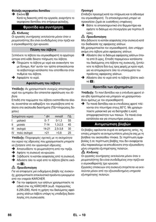 – 8 
Υπόδειξη: Αν χρησιμοποιείτε συνεχώς αποσταγμένο νερό 
του εμπορίου δεν απαιτείται αφαλάτωση του λέβητα. 
Προσοχή 
Μη χρησιμοποιείτε νερό συμπυκνώματος από το στε- 
γνωτήριο ρούχων! 
Μην γεμίζετε με απορρυπαντικά ή άλλα πρόσθετα! 
 Ξεβιδώστε το καπάκι ασφαλείας από τη συσκευή. 
 Αδειάστε όλο το νερό από το λέβητα (βλέπε εικό- 
να ). 
 Γεμίστε το λέβητα με μέγιστη ποσότητα 1 λίτρου 
καθαρού νερού της βρύσης. 
Υπόδειξη: Η χρήση ζεστού νερού περιορίζει το 
χρόνο προθέρμανσης. 
 Βιδώστε και πάλι γερά στη συσκευή το καπάκι 
ασφαλείας. 
 Τοποθετήστε τη συσκευή σε σταθερό έδαφος. 
Προσοχή 
Η συσκευή δεν πρέπει να σηκώνεται και να μεταφέρε- 
ται κατά τη διάρκεια των εργασιών καθαρισμού. 
 Συνδέστε το ρευματολήπτη στην πρίζα. 
Και οι δύο ενδεικτικές λυχνίες πρέπει να ανάβουν. 
Προσοχή 
Μην ενεργοποιείτε τη συσκευή χωρίς νερό στο λέβητα. 
Διαφορετικά η συσκευή μπορεί να υπερθερμανθεί 
(βλέπε Βοήθεια σε περίπτωση βλάβης). 
 Μετά από περίπου 8 λεπτά σβήνει η πορτοκαλί 
ενδεικτική λυχνία - Θέρμανση. 
Ο ατμοκαθαριστής είναι έτοιμος για χρήση. 
Ο διακόπτης επιλογής ποσότητας ατμού ρυθμίζει την 
εξερχόμενη ποσότητα ατμού. Ο διακόπτης επιλογής 
έχει τρεις θέσεις: 
 Ρυθμίστε το διακόπτη επιλογής στην απαιτούμε- 
νη ποσότητα ατμού. 
 Πατήστε το μοχλό ατμού. Ψεκάζετε με το πιστολέ- 
το ατμού πάντα σε ένα πανί, μέχρι να αρχίσει να 
βγαίνει ο ατμός ομοιόμορφα. 
Υπόδειξη: Η θέρμανση του ατμοκαθαριστή ενερ- 
γοποιείται επανειλημμένα κατά τη χρήση, για να 
διατηρεί σταθερή την πίεση στο λέβητα. Κατά τη 
διαδικασία αυτή ανάβει η πορτοκαλί ενδεικτική λυ- 
χνία - Θέρμανση. 
Η συμπλήρωση νερού στο λέβητα είναι απαραίτητη, 
όταν κατά τη διάρκεια της εργασίας η ποσότητα ατμού 
μειώνεται ή σταματά να εξέρχεται ατμός. 
Υπόδειξη: Δεν μπορείτε να ανοίξετε το καπάκι ασφα- 
λείας, όσο στο λέβητα επικρατεί έστω και ελάχιστη πί- 
εση. 
 Αποσυνδέστε το ρευματολήπτη από την πρίζα. 
 Πατήστε το μοχλό ατμού, μέχρι να πάψει να δια- 
φεύγει ατμός. Στο σημείο αυτό δεν επικρατεί πλέ- 
ον πίεση στο λέβητα της συσκευής. 
 Ξεβιδώστε το καπάκι ασφαλείας από τη συσκευή. 
 Κίνδυνος 
Όταν ανοίγετε το καπάκι ασφαλείας ενδέχεται να διαφύγει 
μια υπολειμματική ποσότητα ατμού. Ανοίξτε προσεκτικά 
το καπάκι ασφαλείας. Κίνδυνος εγκαυμάτων. 
 Γεμίστε το λέβητα με μέγιστη ποσότητα 1 λίτρου 
καθαρού νερού της βρύσης. 
 Κίνδυνος 
Ο ζεστός λέβητας εγκυμονεί κίνδυνο πρόκλησης 
εγκαυμάτων, επειδή ενδέχεται να εκτιναχθούν σταγονί- 
δια ζεστού νερού κατά την πλήρωση! Μην γεμίζετε το 
λέβητα με απορρυπαντικά ή άλλα πρόσθετα! 
 Βιδώστε και πάλι γερά στη συσκευή το καπάκι 
ασφαλείας. 
 Συνδέστε το ρευματολήπτη στην πρίζα. 
 Μετά από περίπου 8 λεπτά σβήνει η πορτοκαλί 
ενδεικτική λυχνία - Θέρμανση. 
Ο ατμοκαθαριστής είναι έτοιμος για χρήση. 
 Αποσυνδέστε το ρευματολήπτη από την πρίζα. 
 Εικόνα 
– Εισάγετε τους σωλήνες προέκτασης στο μεγάλο 
στήριγμα εξαρτημάτων. 
– Εισάγετε το ακροφύσιο χειρός και το ακροφύσιο 
ψεκασμού σημείου σε δύο σωλήνες προέκτασης 
αντίστοιχα. 
– Εισάγετε τη στρογγυλή βούρτσα στο μεσαίο στή- 
ριγμα εξαρτημάτων. 
– Αναρτήστε το ακροφύσιο δαπέδου στο στήριγμα 
φύλαξης. 
– Τυλίξτε τον ελαστικό σωλήνα ατμού γύρω από 
τους σωλήνες προέκτασης και εισάγετε το πιστο- 
λέτο ατμού στο ακροφύσιο δαπέδου. 
Γεμίστε με νερό 
Ενεργοποίηση της συσκευής 
Ρύθμιση της παροχής ατμού 
Μέγιστη ποσότητα ατμού 
Μειωμένη ποσότητα ατμού 
Καθόλου ατμός - Ασφάλεια για παιδιά 
Υπόδειξη: Σε αυτή τη θέση δεν μπορεί να χρη- 
σιμοποιηθεί ο μοχλός ατμού. 
Συμπληρώστε νερό 
Διακοπή λειτουργίας της συσκευής 
Φύλαξη της συσκευής 
84 EL 
 