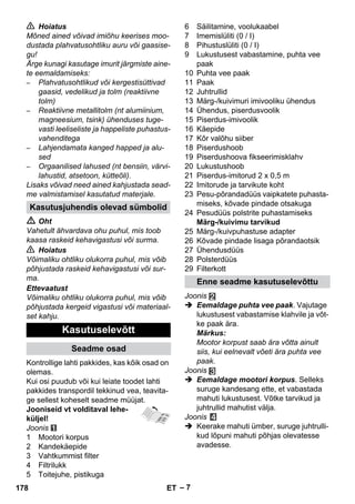 – 7 
 Hoiatus 
Mõned ained võivad imiõhu keerises moo-dustada 
plahvatusohtliku auru või gaasise-gu! 
Ärge kunagi kasutage imurit järgmiste aine-te 
eemaldamiseks: 
– Plahvatusohtlikud või kergestisüttivad 
gaasid, vedelikud ja tolm (reaktiivne 
tolm) 
– Reaktiivne metallitolm (nt alumiinium, 
magneesium, tsink) ühenduses tuge-vasti 
leeliseliste ja happeliste puhastus-vahenditega 
– Lahjendamata kanged happed ja alu-sed 
– Orgaanilised lahused (nt bensiin, värvi-lahustid, 
atsetoon, kütteõli). 
Lisaks võivad need ained kahjustada sead-me 
valmistamisel kasutatud materjale. 
 Oht 
Vahetult ähvardava ohu puhul, mis toob 
kaasa raskeid kehavigastusi või surma. 
 Hoiatus 
Võimaliku ohtliku olukorra puhul, mis võib 
põhjustada raskeid kehavigastusi või sur-ma. 
Ettevaatust 
Võimaliku ohtliku olukorra puhul, mis võib 
põhjustada kergeid vigastusi või materiaal-set 
kahju. 
Kontrollige lahti pakkides, kas kõik osad on 
olemas. 
Kui osi puudub või kui leiate toodet lahti 
pakkides transpordil tekkinud vea, teavita-ge 
sellest koheselt seadme müüjat. 
Jooniseid vt volditaval lehe-küljel! 
Joonis 
1 Mootori korpus 
2 Kandekäepide 
3 Vahtkummist filter 
4 Filtrilukk 
5 Toitejuhe, pistikuga 
6 Säilitamine, voolukaabel 
7 Imemislüliti (0 / I) 
8 Pihustuslüliti (0 / I) 
9 Lukustusest vabastamine, puhta vee 
paak 
10 Puhta vee paak 
11 Paak 
12 Juhtrullid 
13 Märg-/kuivimuri imivooliku ühendus 
14 Ühendus, piserdusvoolik 
15 Piserdus-imivoolik 
16 Käepide 
17 Kõr valõhu siiber 
18 Piserdushoob 
19 Piserdushoova fikseerimisklahv 
20 Lukustushoob 
21 Piserdus-imitorud 2 x 0,5 m 
22 Imitorude ja tarvikute koht 
23 Pesu-põrandadüüs vaipkatete puhasta-miseks, 
kõvade pindade otsakuga 
24 Pesudüüs polstrite puhastamiseks 
Märg-/kuivimu tarvikud 
25 Märg-/kuivpuhastuse adapter 
26 Kõvade pindade lisaga põrandaotsik 
27 Ühendusdüüs 
28 Polsterdüüs 
29 Filterkott 
Joonis 
 Eemaldage puhta vee paak. Vajutage 
lukustusest vabastamise klahvile ja võt-ke 
paak ära. 
Märkus: 
Mootor korpust saab ära võtta ainult 
siis, kui eelnevalt võeti ära puhta vee 
paak. 
Joonis 
 Eemaldage mootori korpus. Selleks 
suruge kandesang ette, et vabastada 
mahuti lukustusest. Võtke tarvikud ja 
juhtrullid mahutist välja. 
Joonis 
 Keerake mahuti ümber, suruge juhtrulli-kud 
lõpuni mahuti põhjas olevatesse 
avadesse. 
Kasutusjuhendis olevad sümbolid 
Kasutuselevõtt 
Seadme osad 
Enne seadme kasutuselevõttu 
178 ET 
 